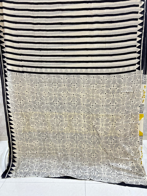 Beige Black Stripe Jaipur Mulmul Cotton Handblock Printed Saree