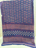 Navy Blue Ajrak Handblock Printed Jaipur Mulmul Cotton Saree