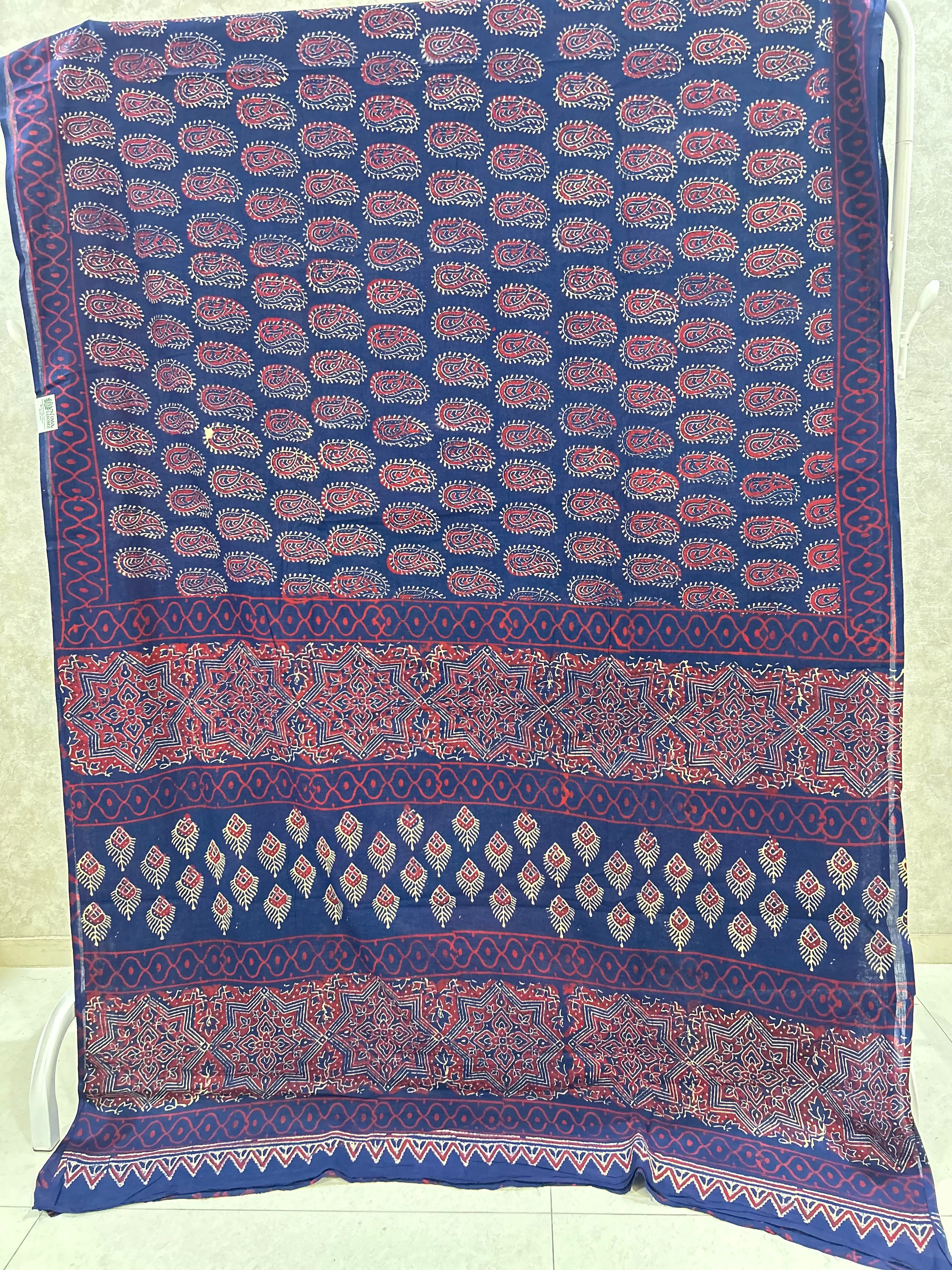 Navy Blue Ajrak Handblock Printed Jaipur Mulmul Cotton Saree