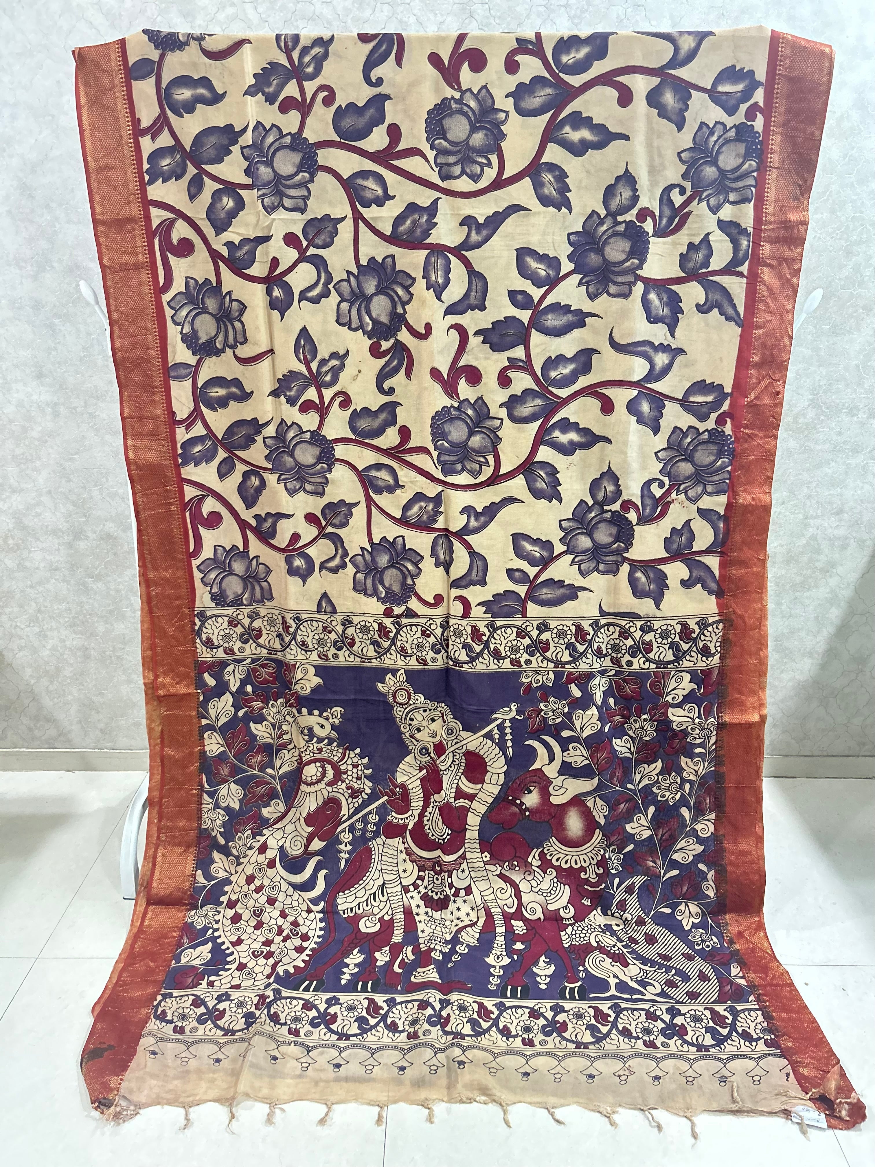 Beige Floral Chennuri Silk Nizam Border Kalamkari Saree