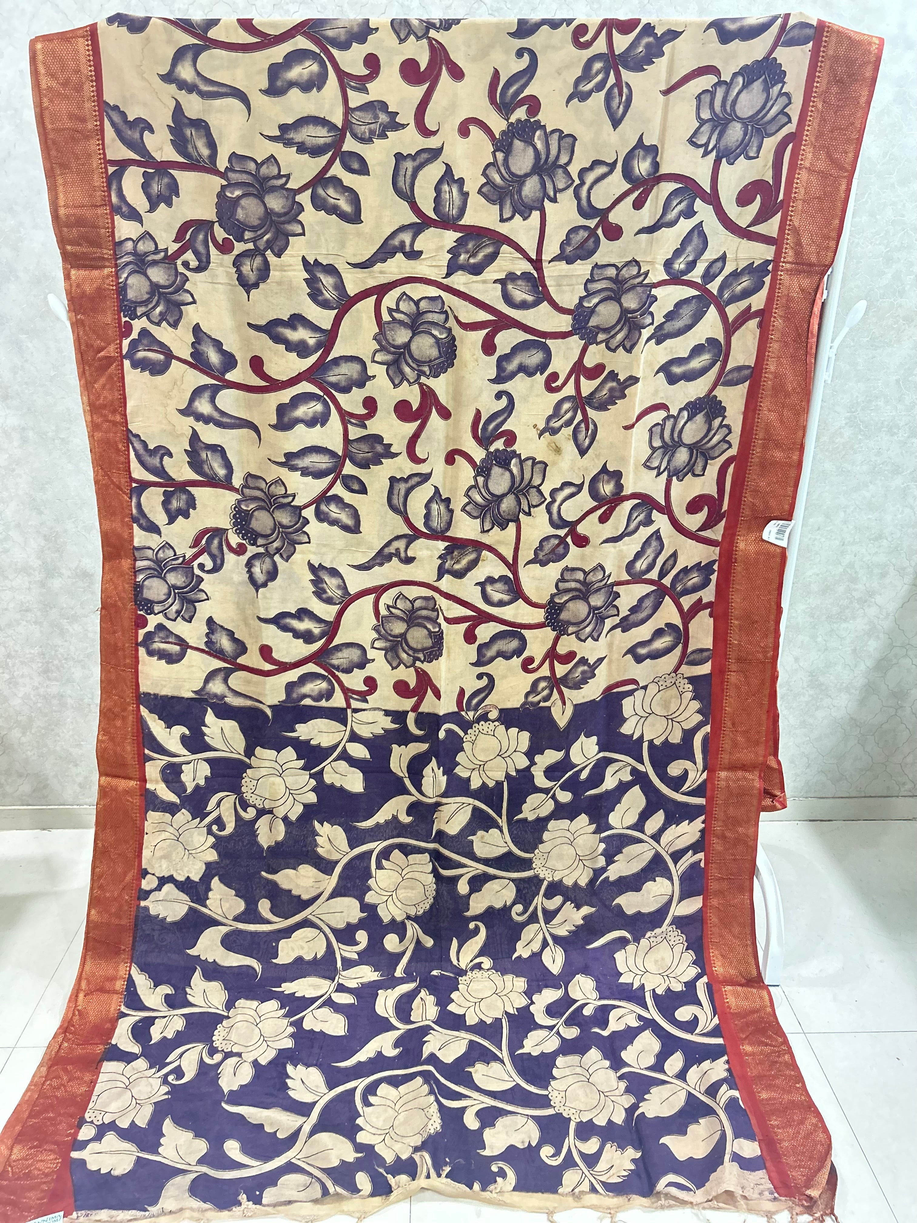 Beige Floral Chennuri Silk Nizam Border Kalamkari Saree