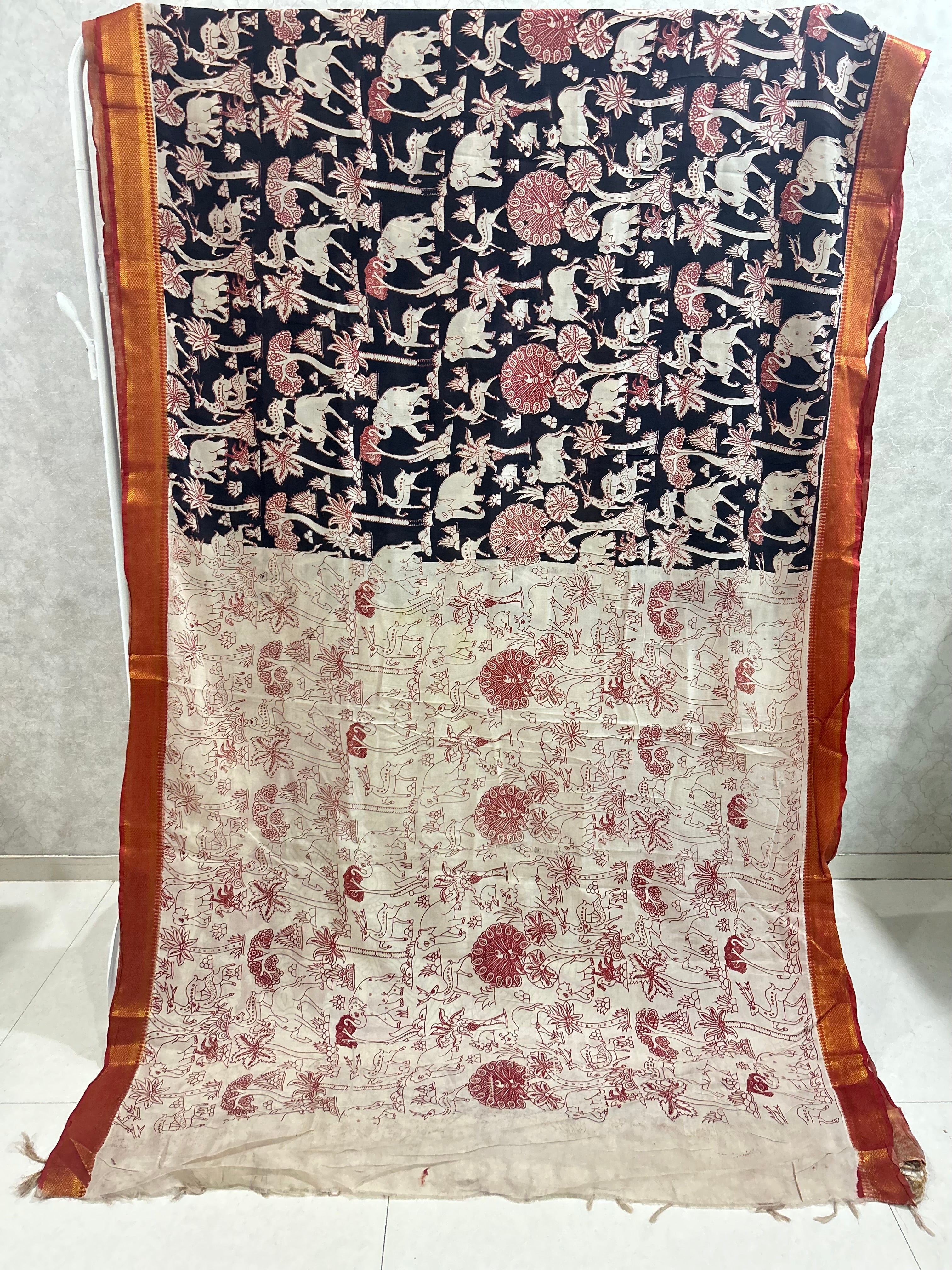 Black Elephant Chennuri Silk Nizam Border Kalamkari Saree