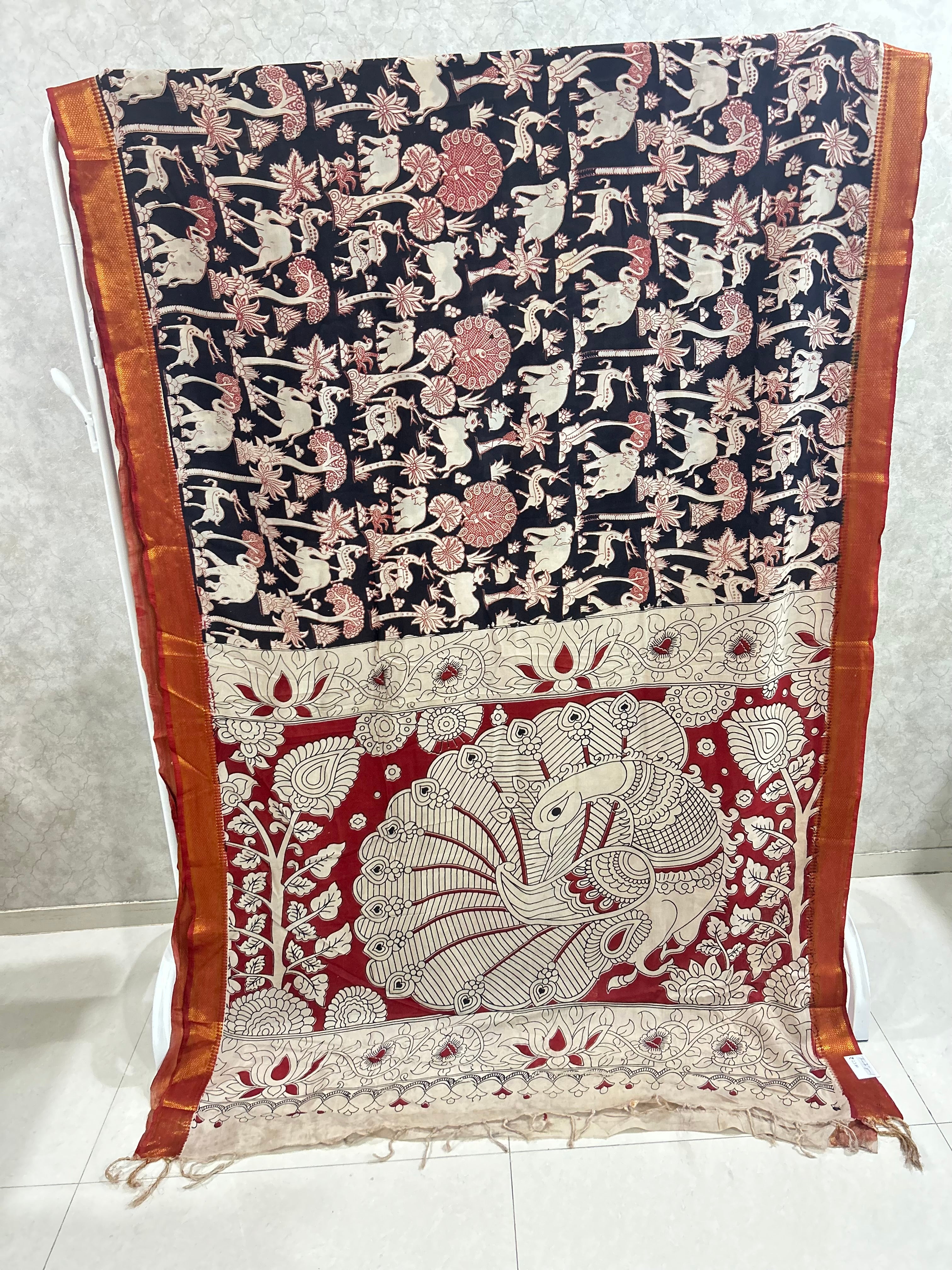 Black Elephant Chennuri Silk Nizam Border Kalamkari Saree