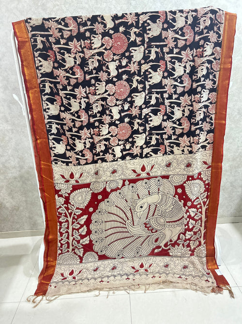 Black Elephant Chennuri Silk Nizam Border Kalamkari Saree