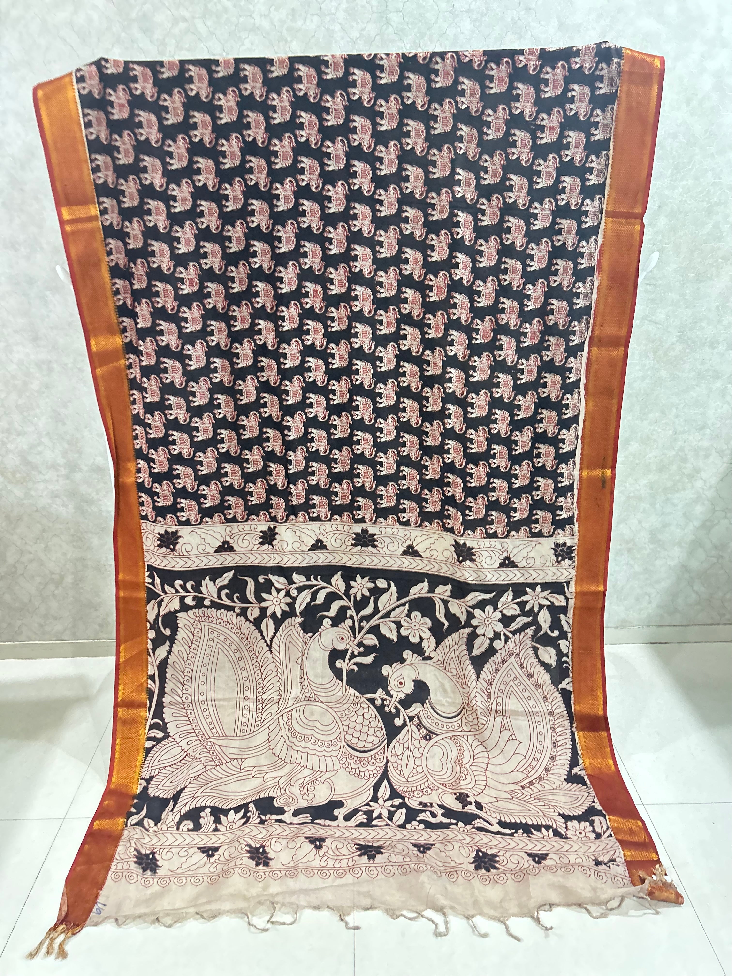 Black Elephant Chennuri Silk Nizam Border Kalamkari Saree