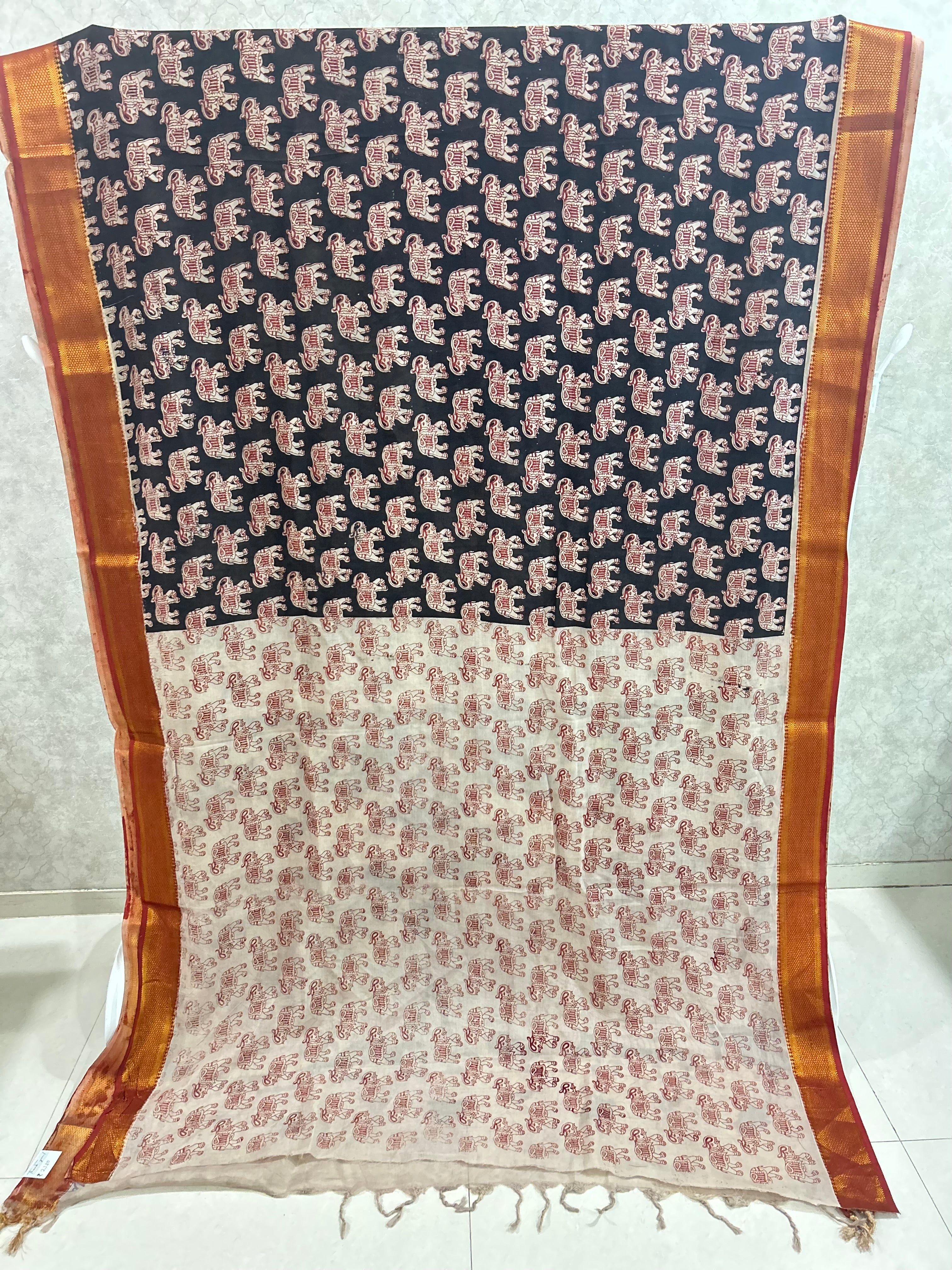 Black Elephant Chennuri Silk Nizam Border Kalamkari Saree