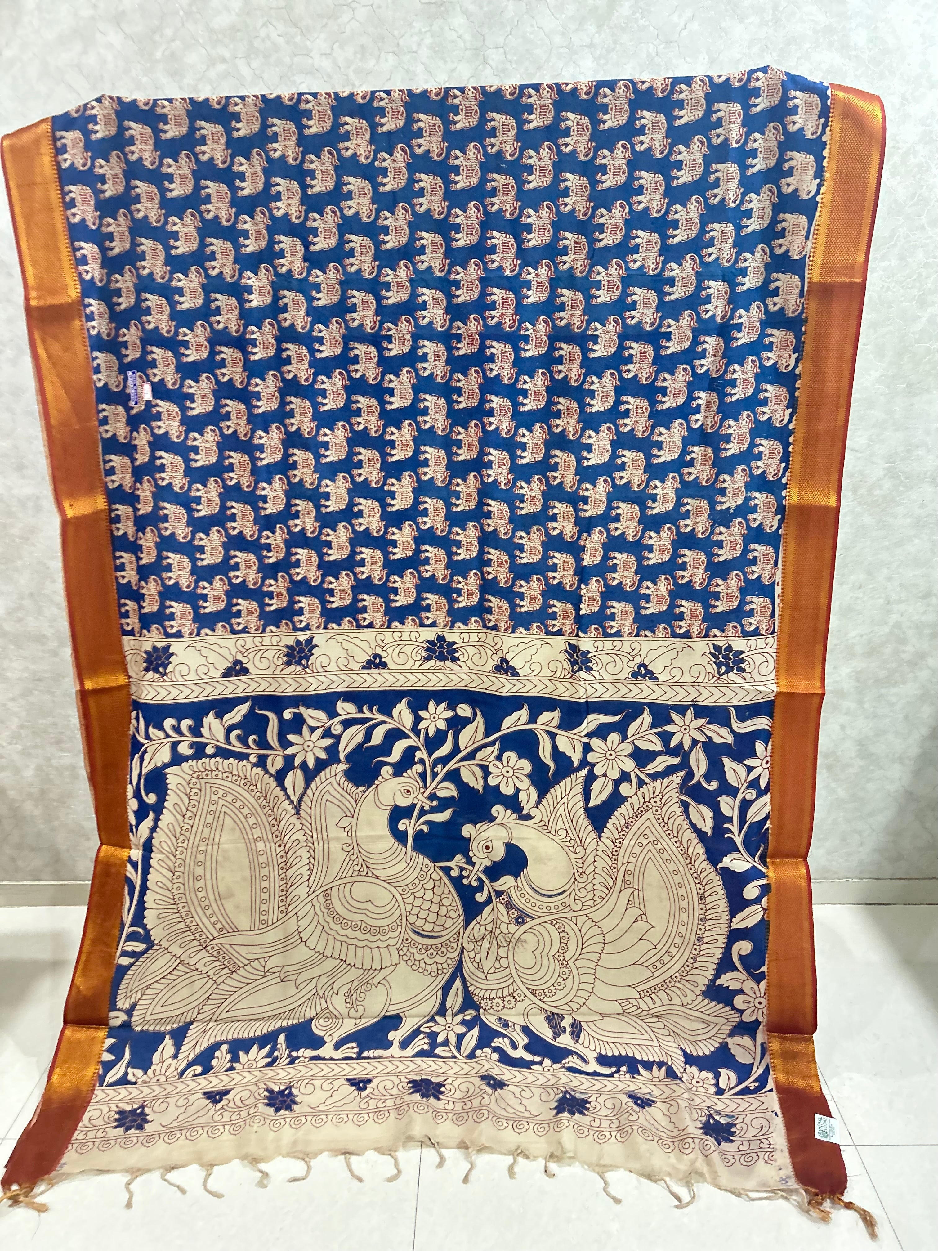Blue Elephant Chennuri Silk Nizam Border Kalamkari Saree
