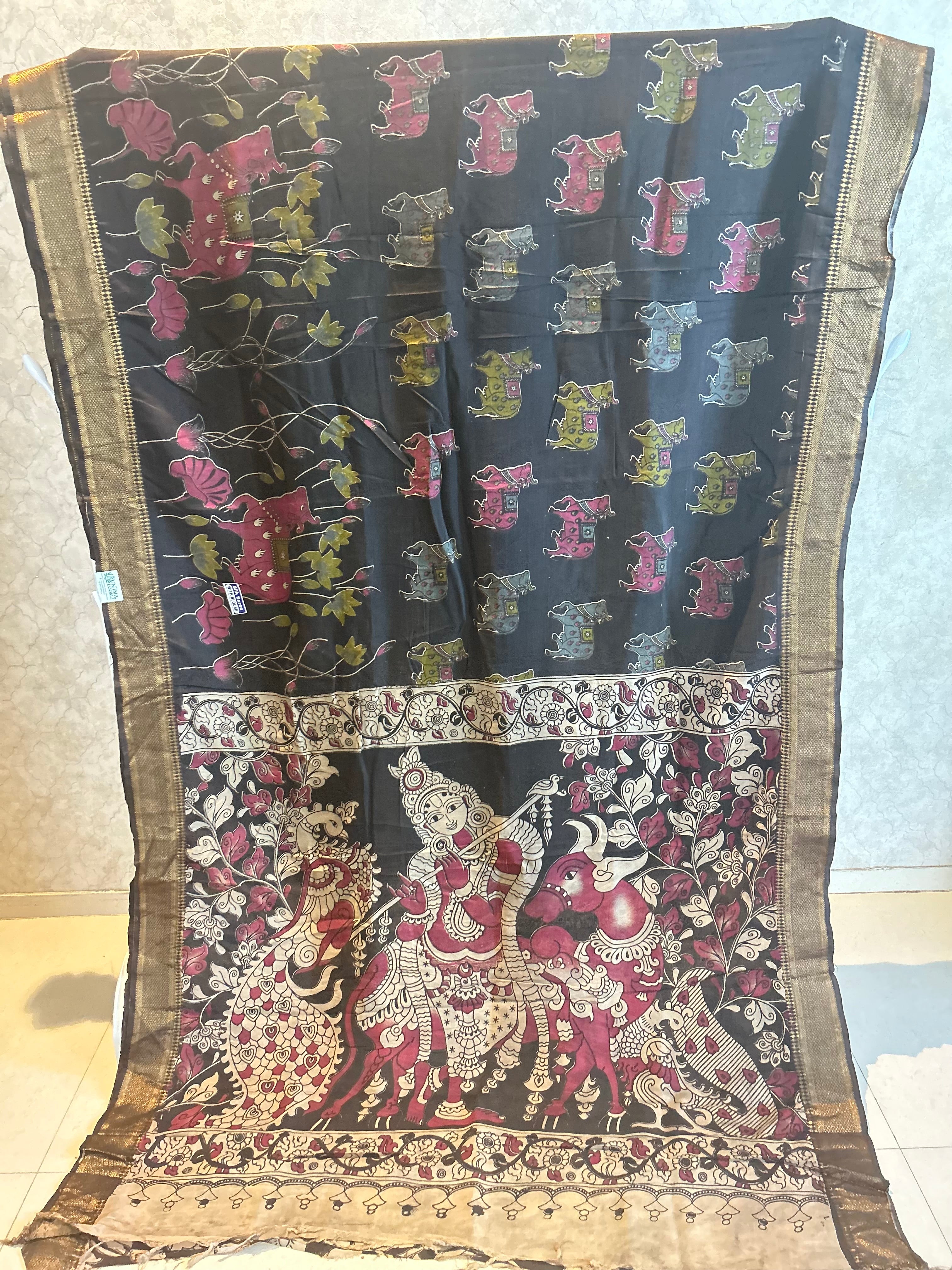 Black Multicolor Pichawai Print Chennuri Silk Nizam Border Kalamkari Saree