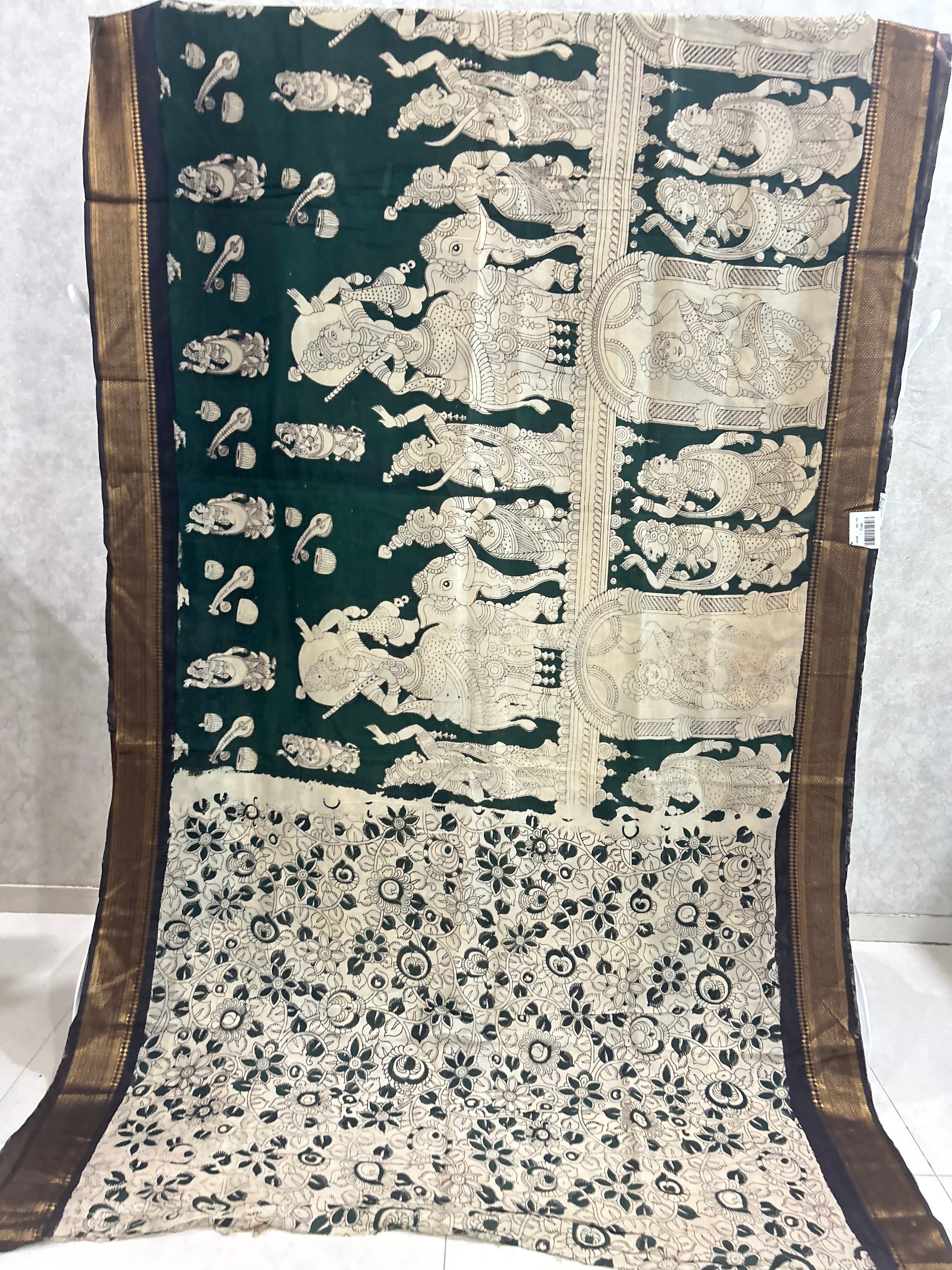 Green Kathakali Dance Chennuri Silk Nizam Border Kalamkari Saree