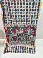 Beige Elephant Peacock Print Kota Kalamkari Saree