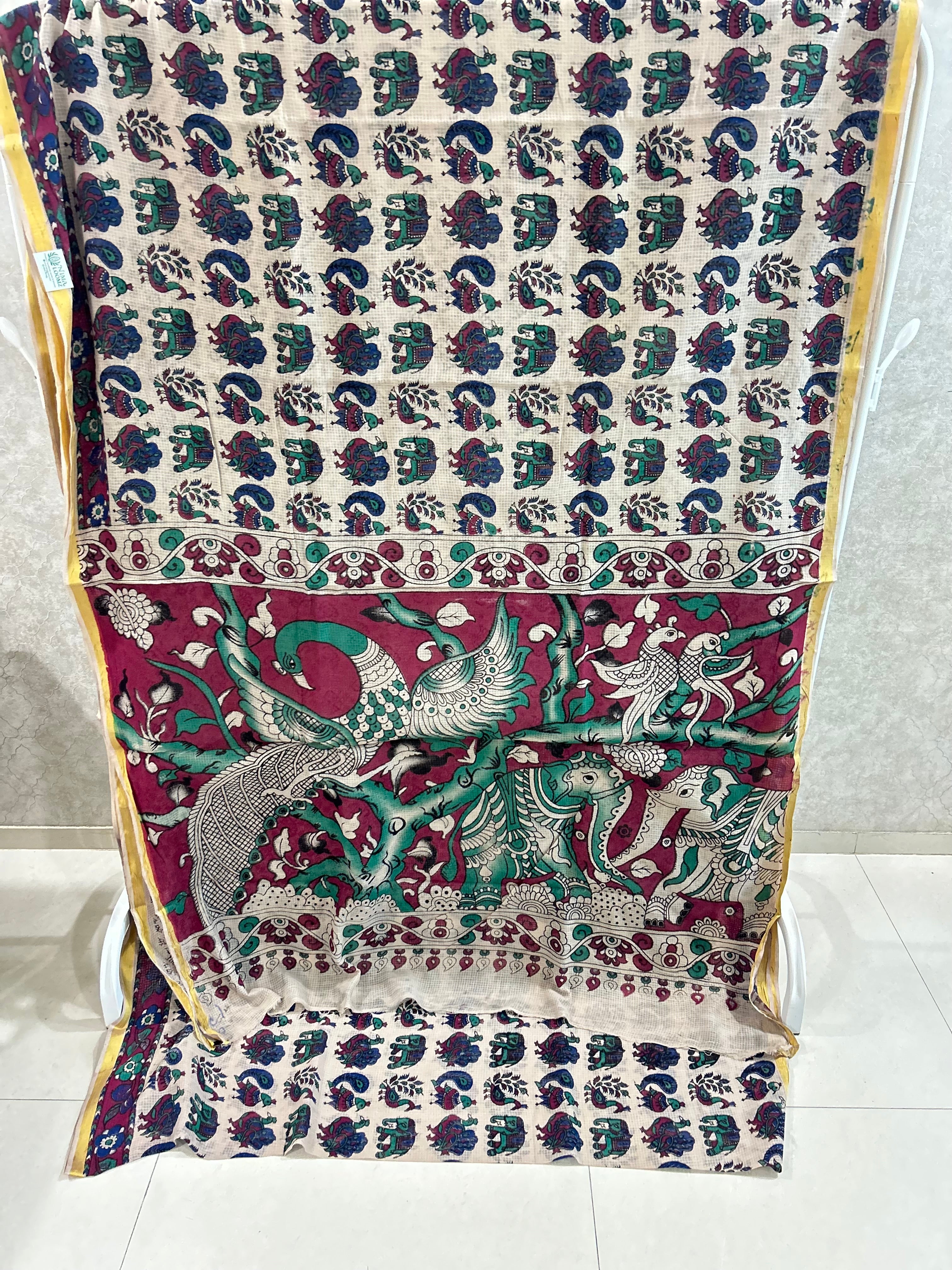 Beige Elephant Peacock Print Kota Kalamkari Saree