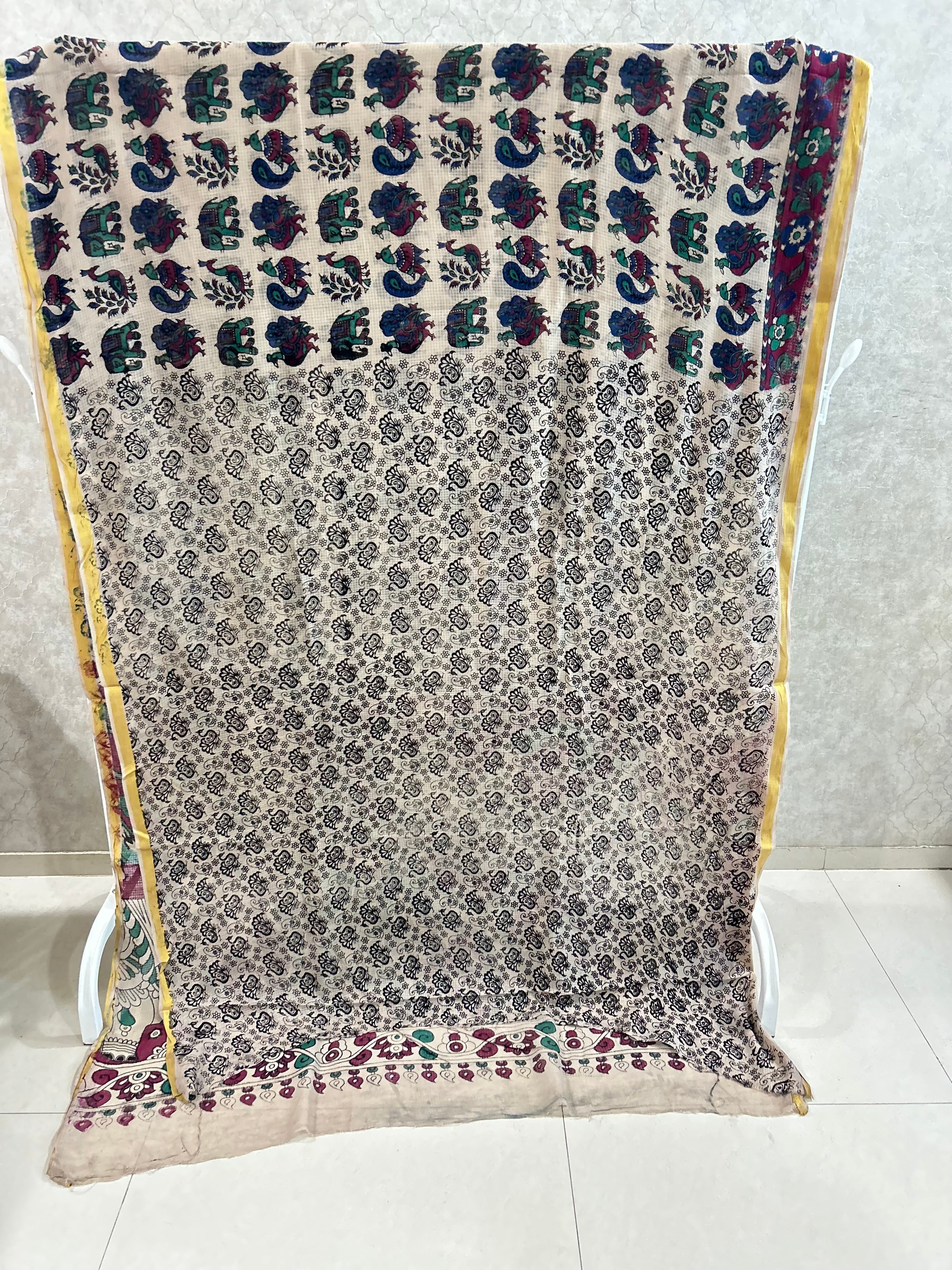 Beige Elephant Peacock Print Kota Kalamkari Saree