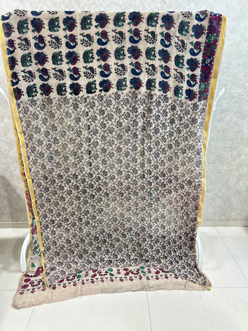 Beige Elephant Peacock Print Kota Kalamkari Saree