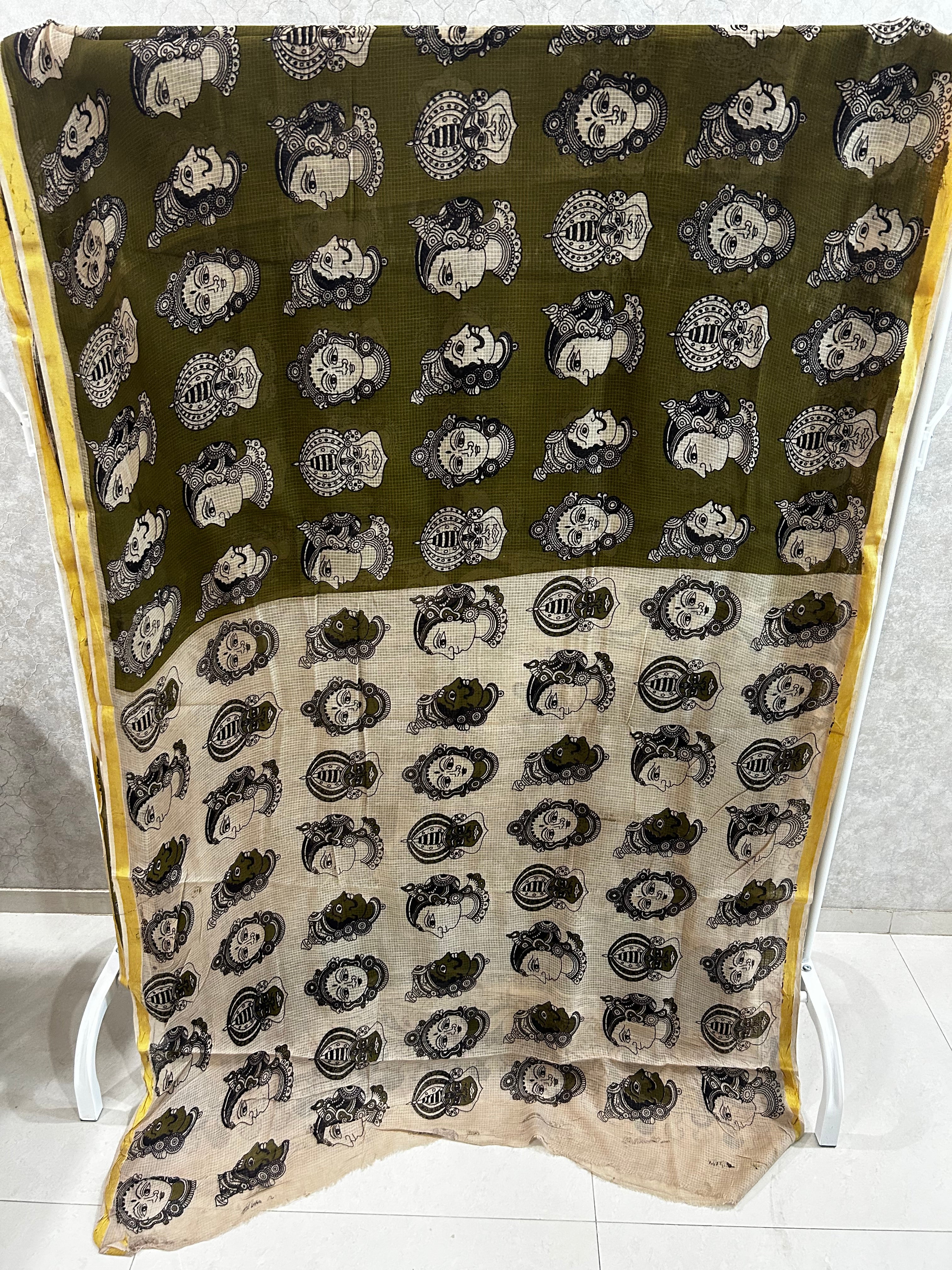 Olive Green Kathkalli Face Kota Kalamkari Saree