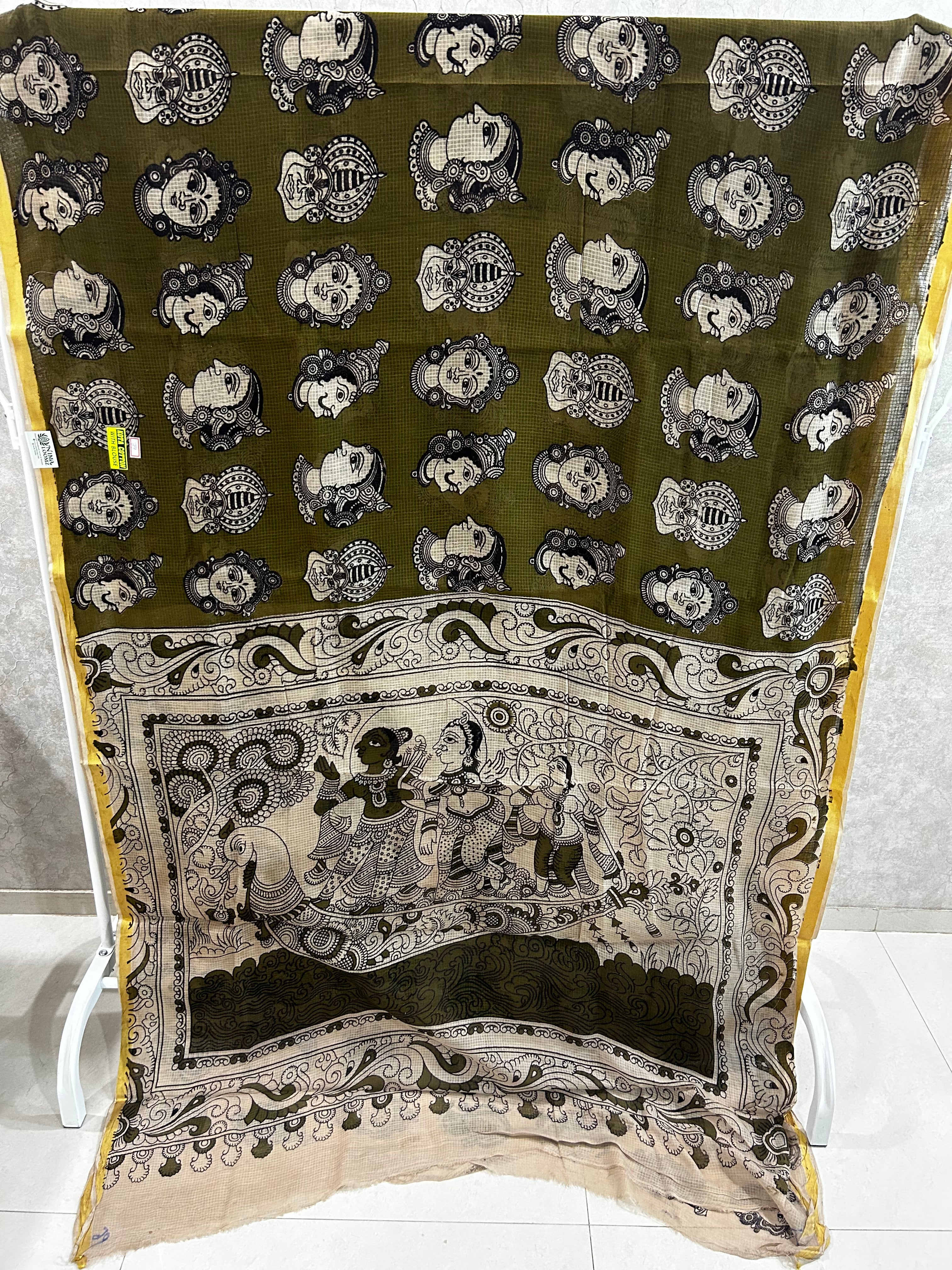 Olive Green Kathkalli Face Kota Kalamkari Saree