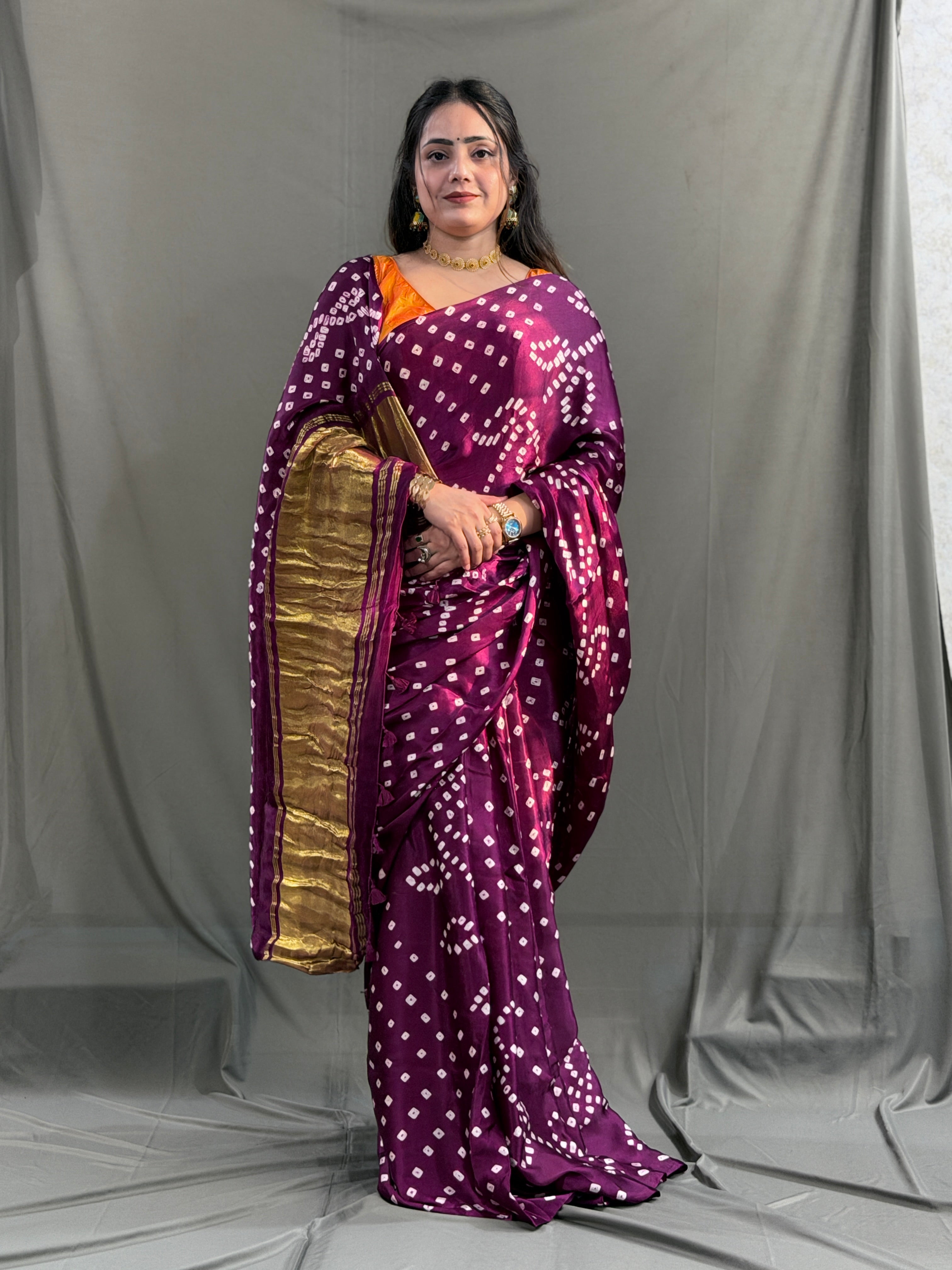 Wine Bandhani Modal Silk Saree