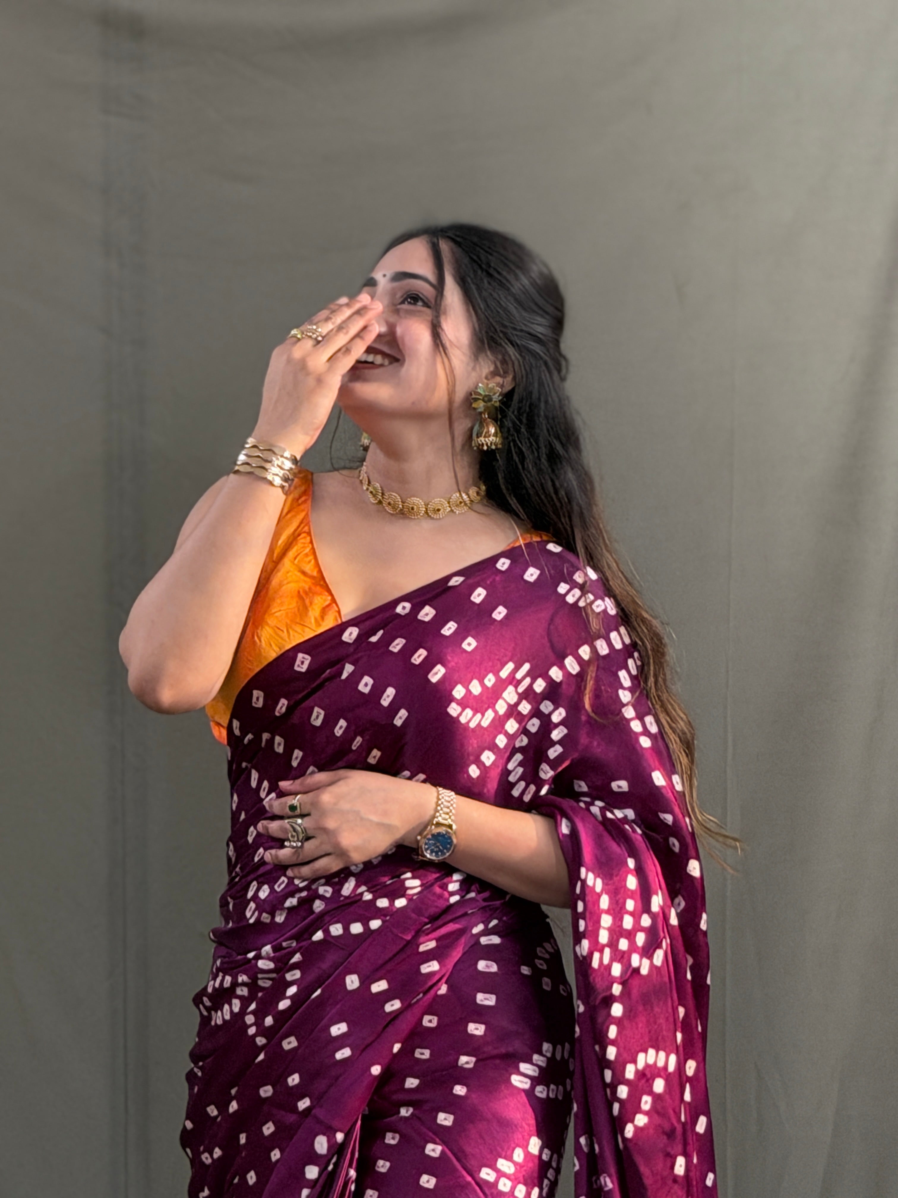Wine Bandhani Modal Silk Saree