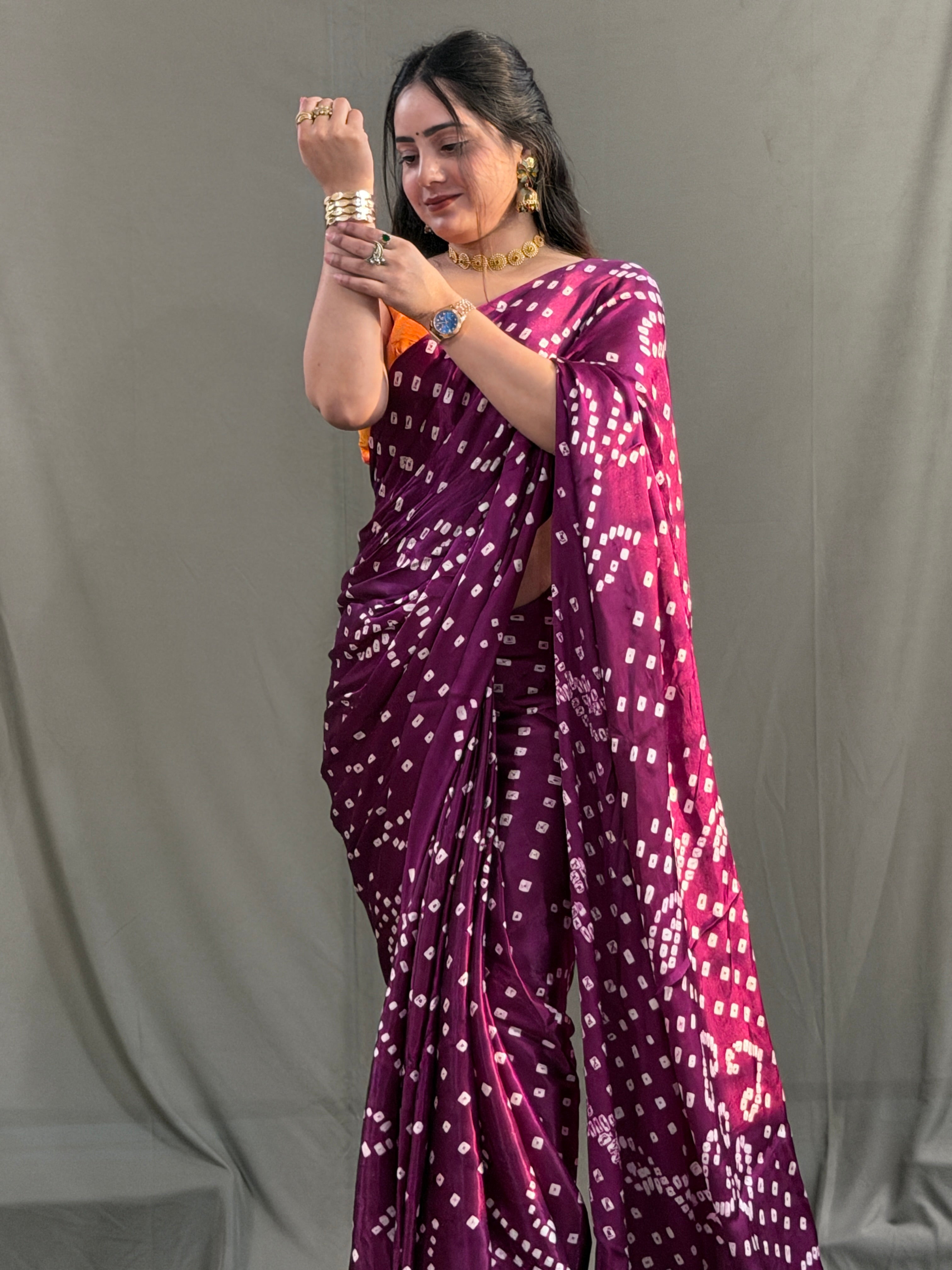 Wine Bandhani Modal Silk Saree