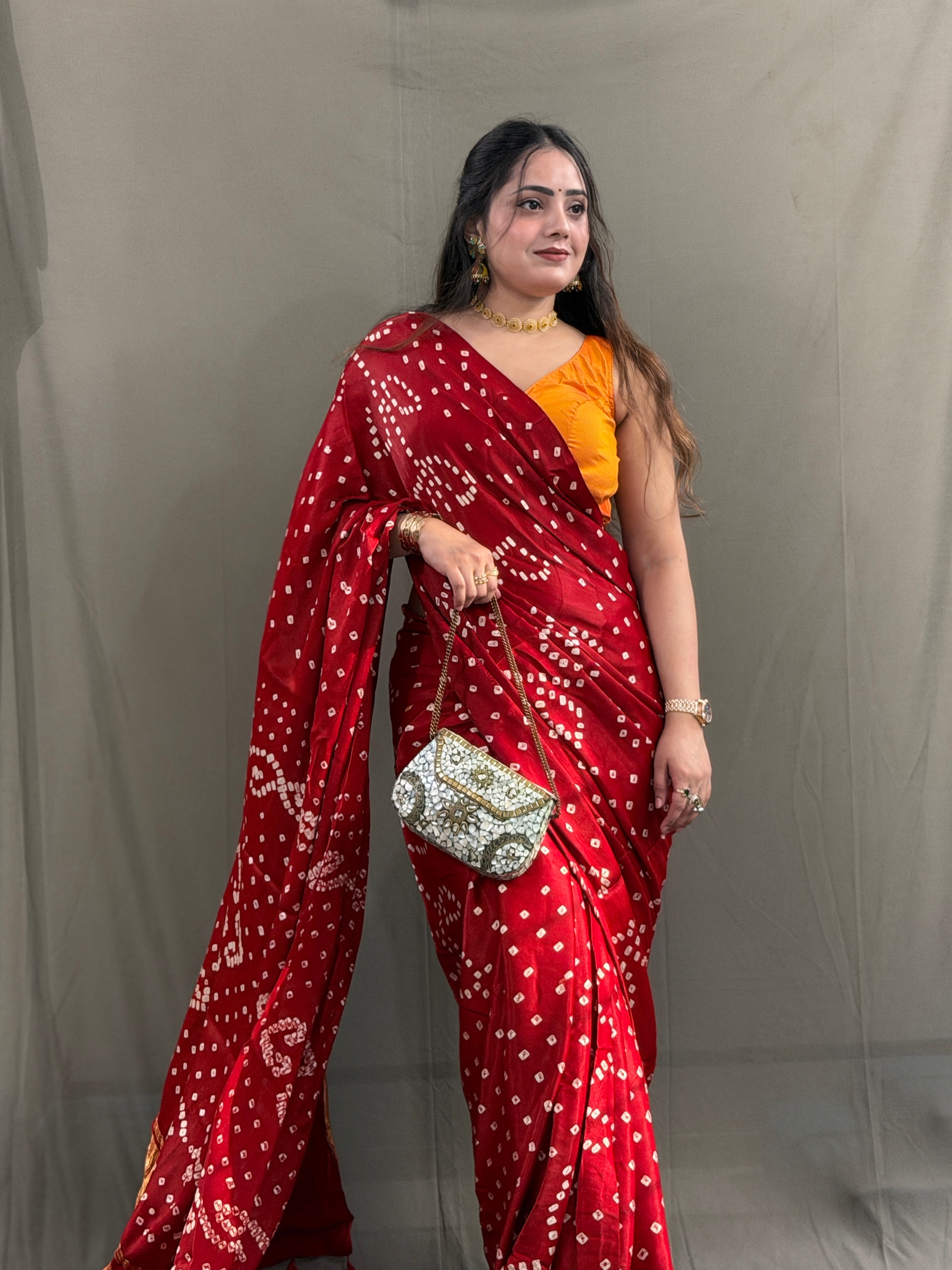 Red Bandhani Modal Silk Saree with Tissue Pallu