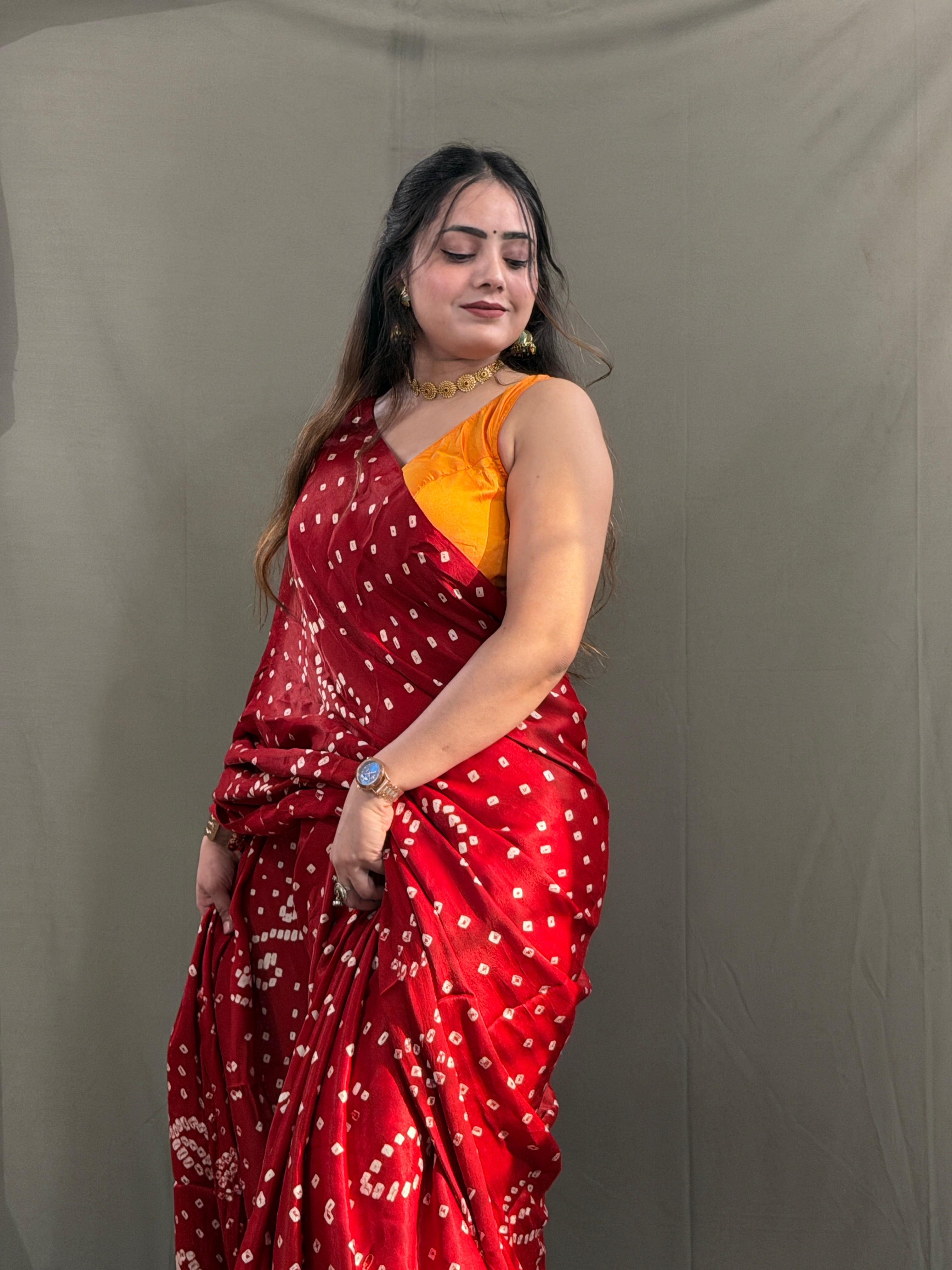 Red Bandhani Modal Silk Saree with Tissue Pallu