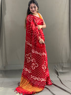Red Bandhani Modal Silk Saree with Tissue Pallu