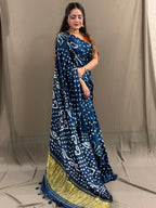 Petrol Blue Bandhani Modal Silk Saree with Tissue Pallu