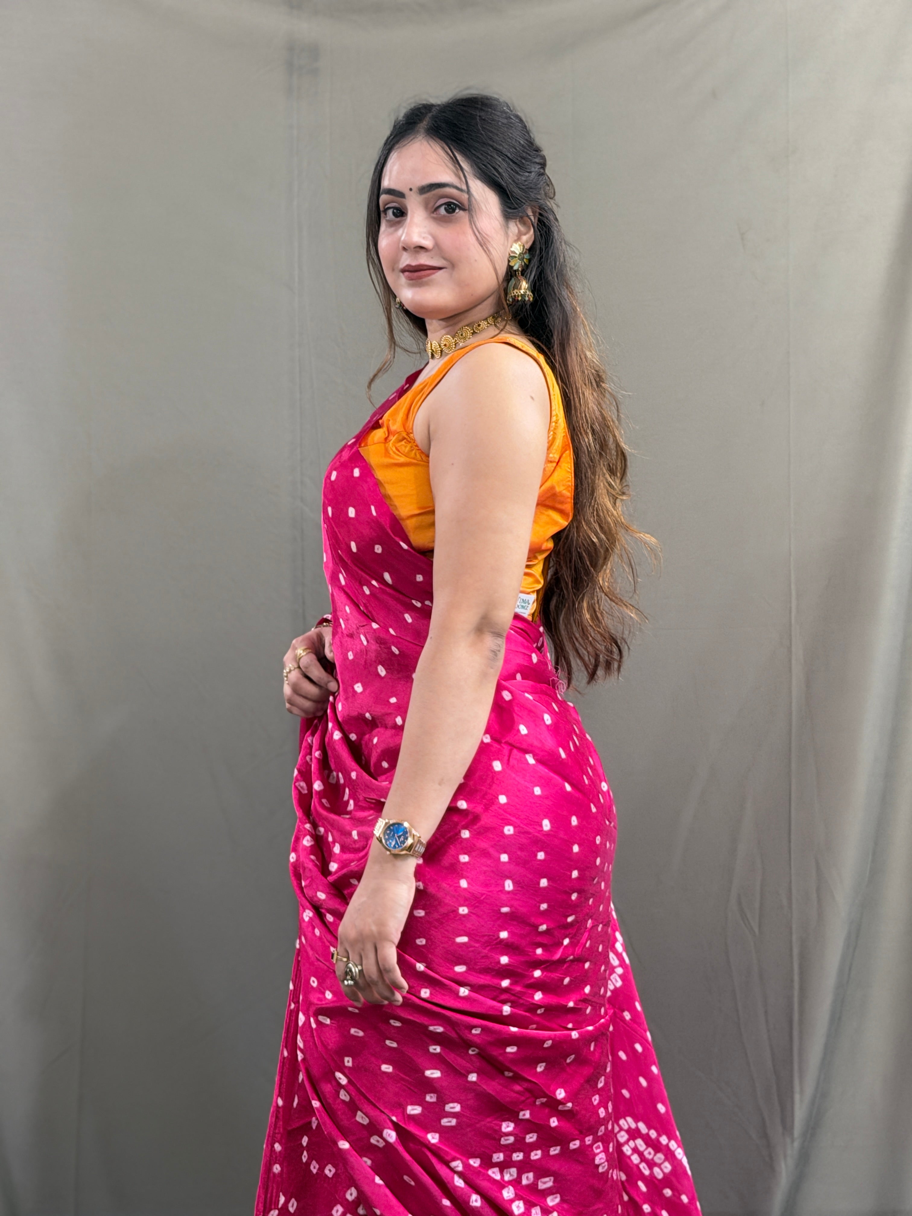 Hot Pink Bandhani Modal Silk Saree with Tissue Pallu