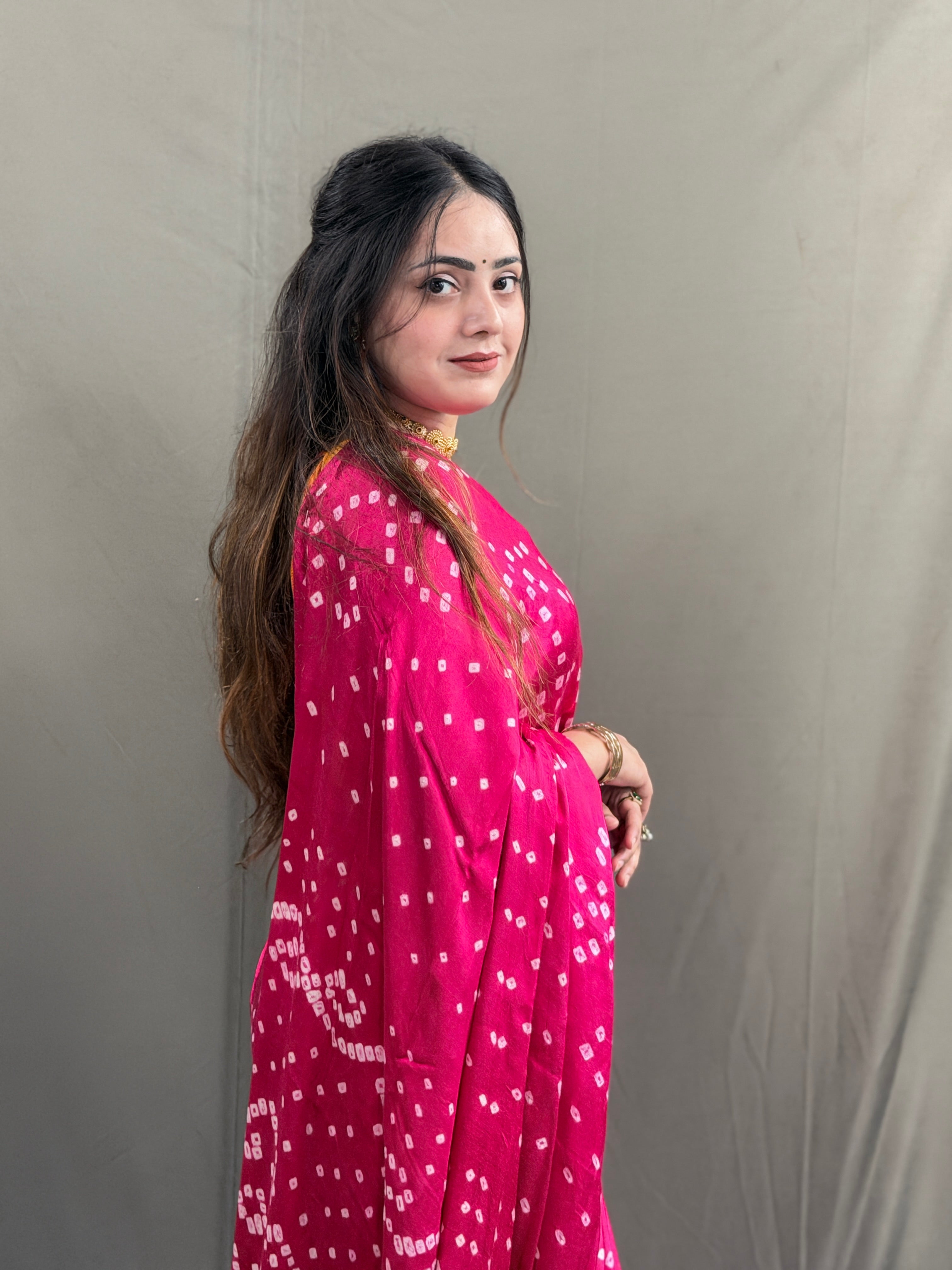 Hot Pink Bandhani Modal Silk Saree with Tissue Pallu