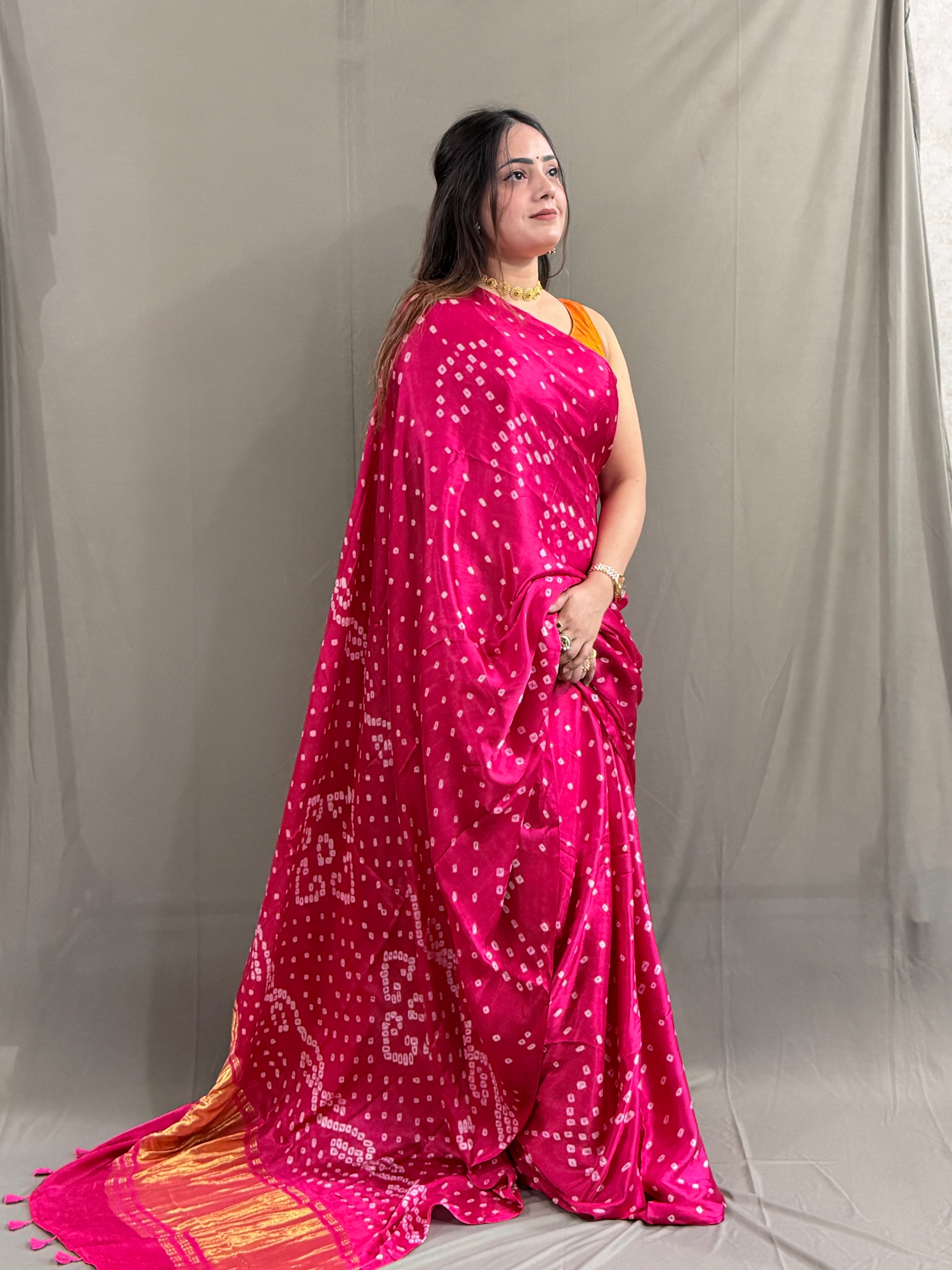 Hot Pink Bandhani Modal Silk Saree with Tissue Pallu