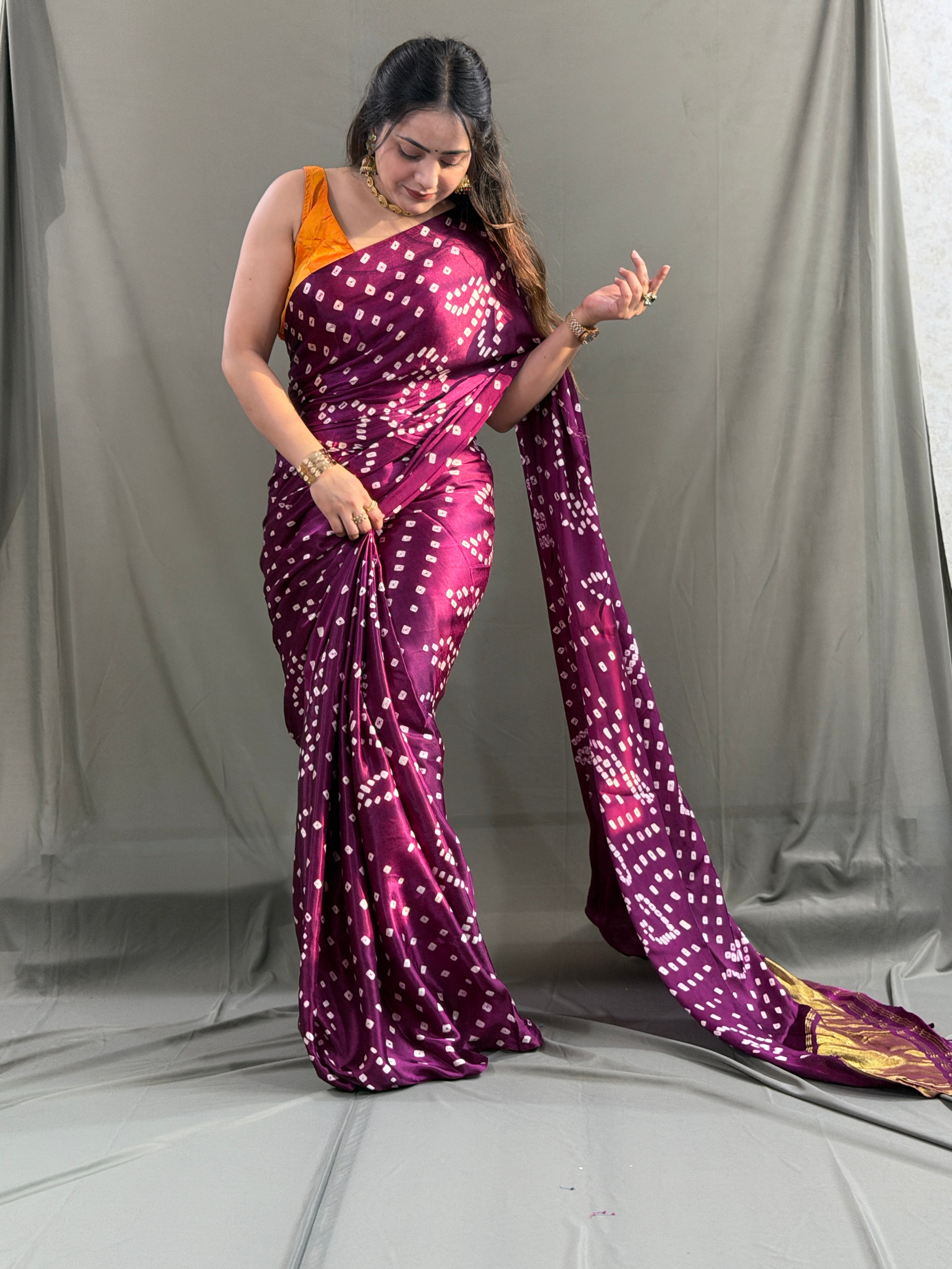 Wine Bandhani Modal Silk Saree