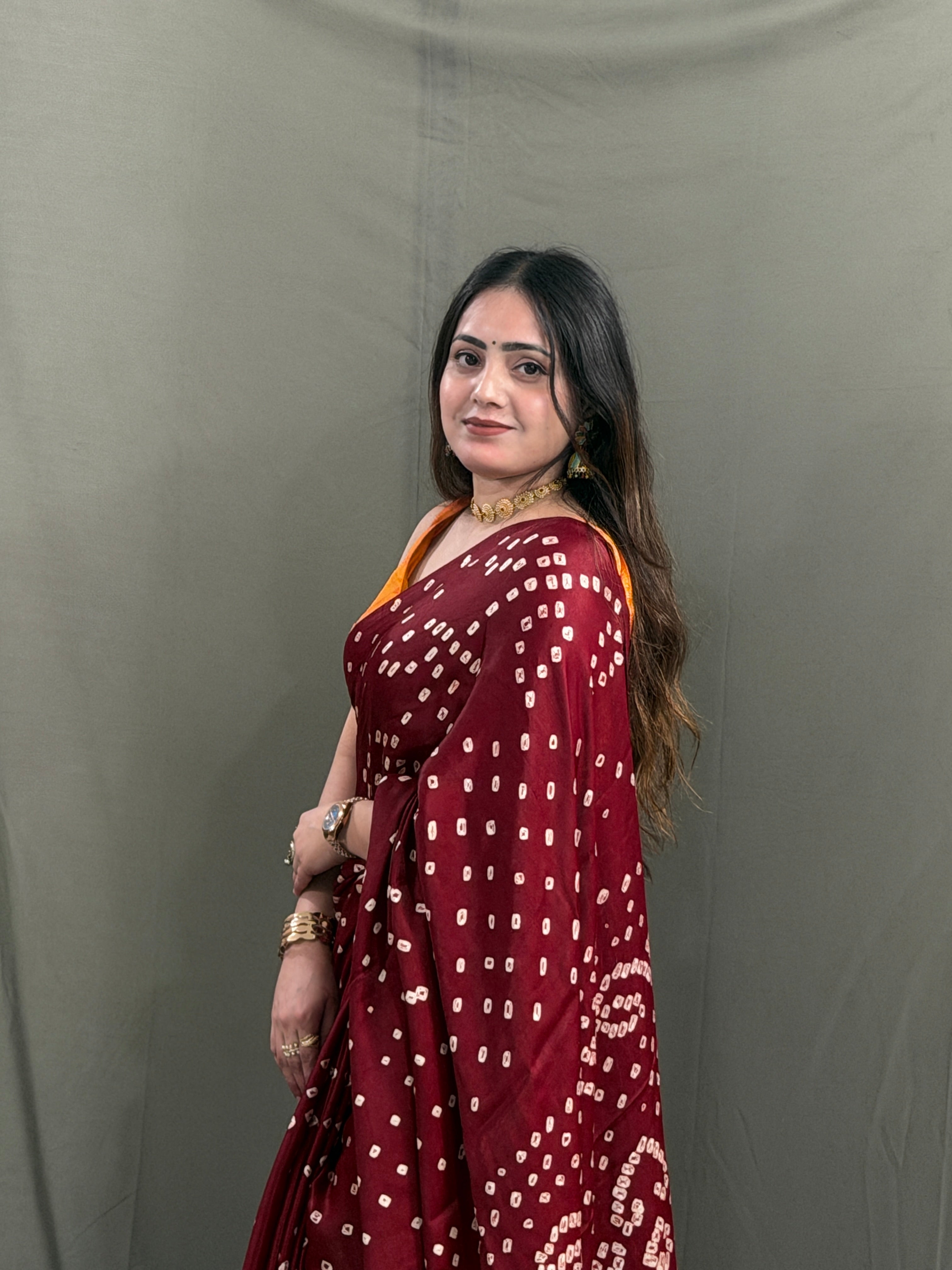 Maroon Bandhani Modal Silk Saree with Tissue Pallu