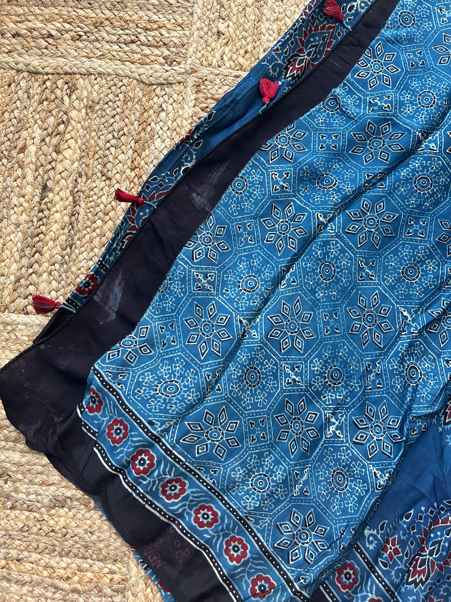 Handblock Print Ajrakh Modal Silk Saree