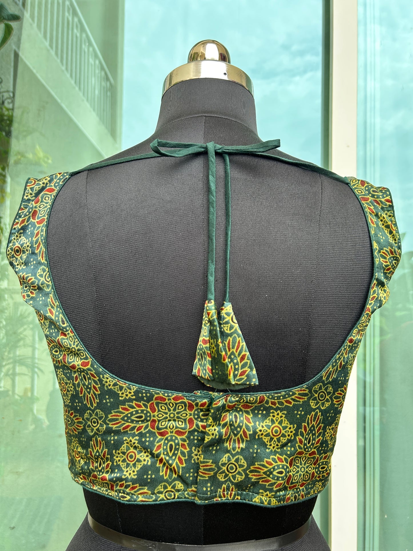 Mashru silk ajrakh print sleeveless blouse