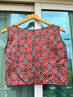 Mashru silk ajrakh print sleeveless blouse