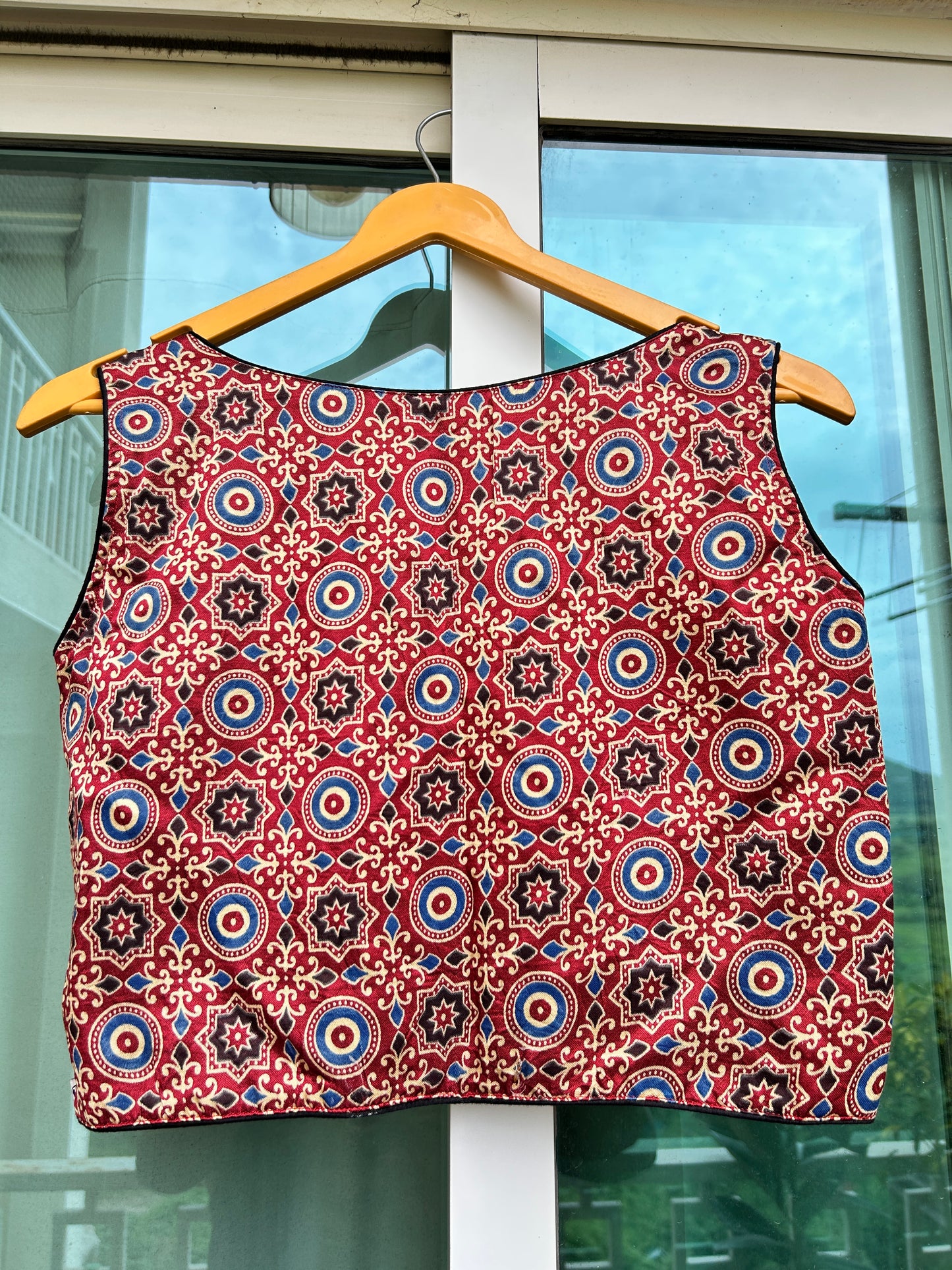 Mashru silk ajrakh print sleeveless blouse