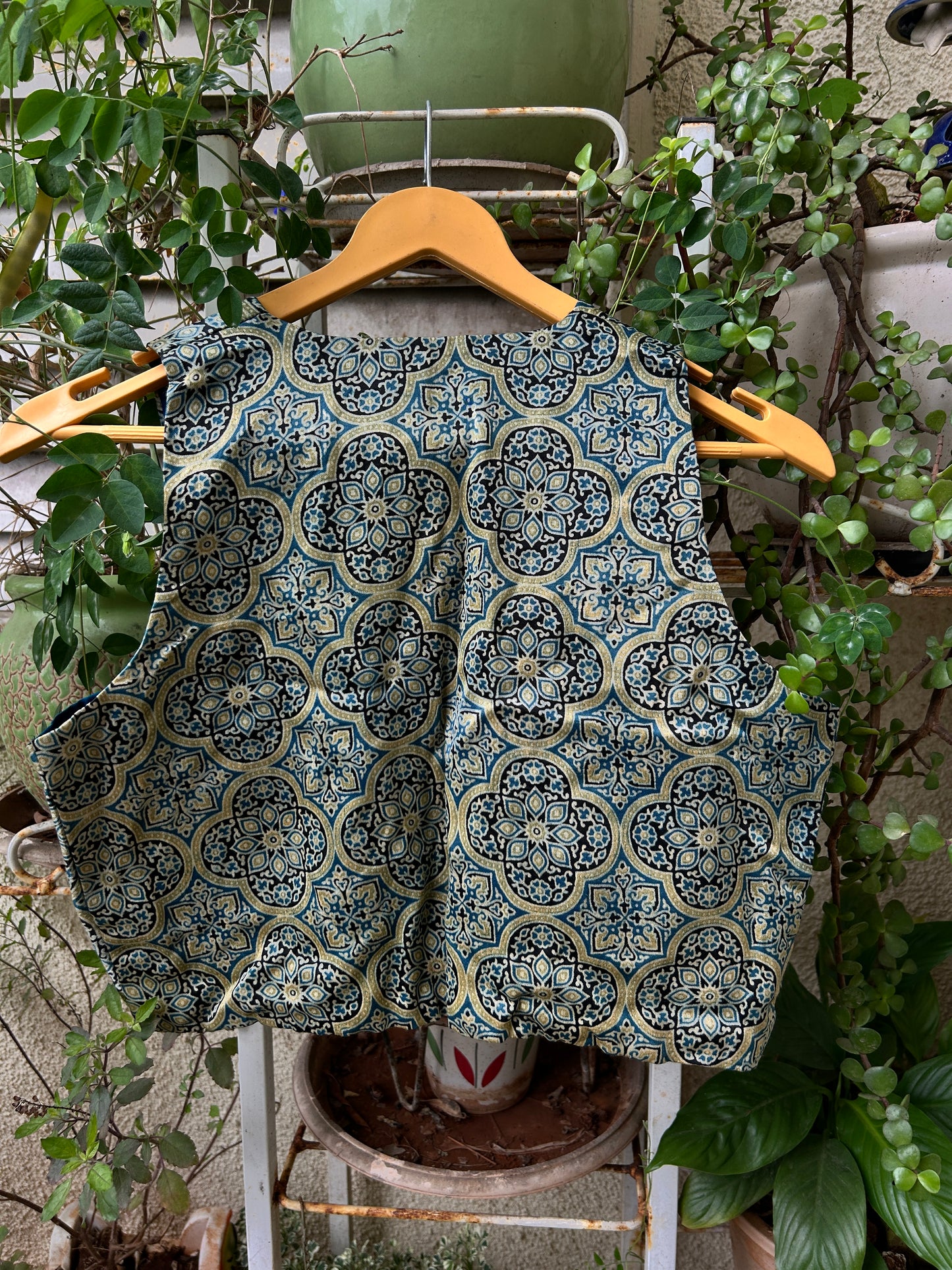 Mashru silk ajrakh print sleeveless blouse