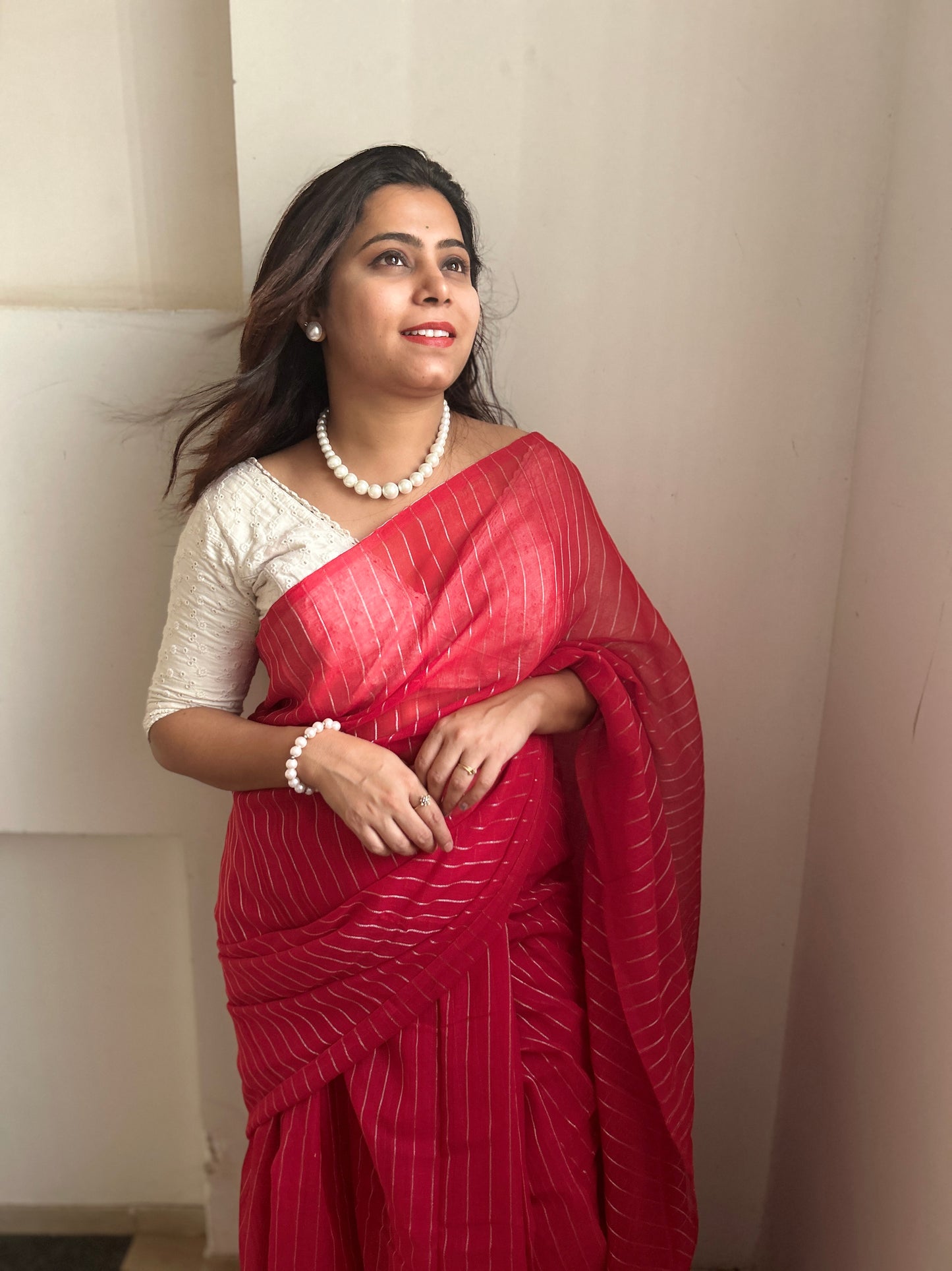 Silver Jari stripped Mulmul cotton saree