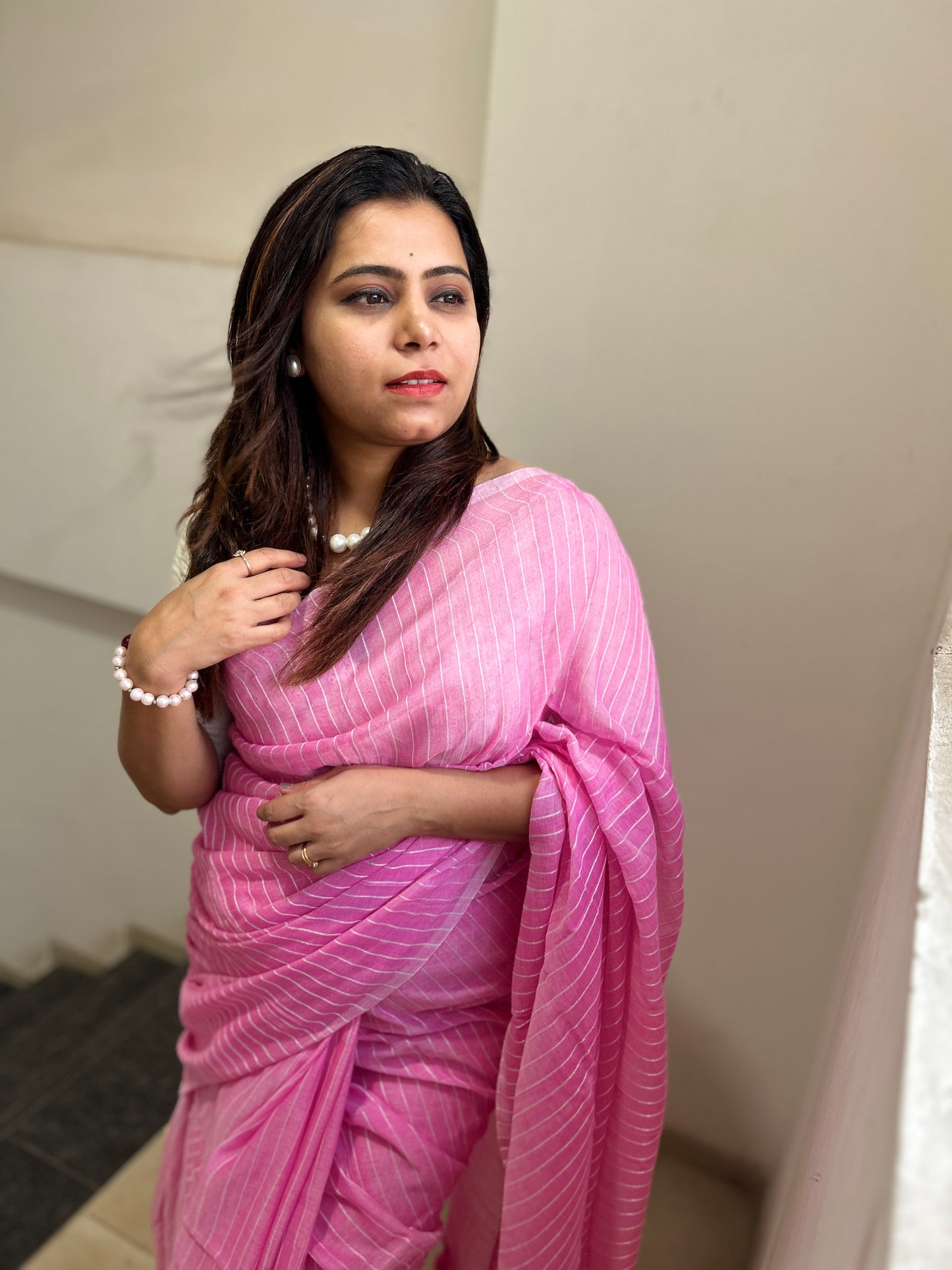 Silver Jari stripped Mulmul cotton saree