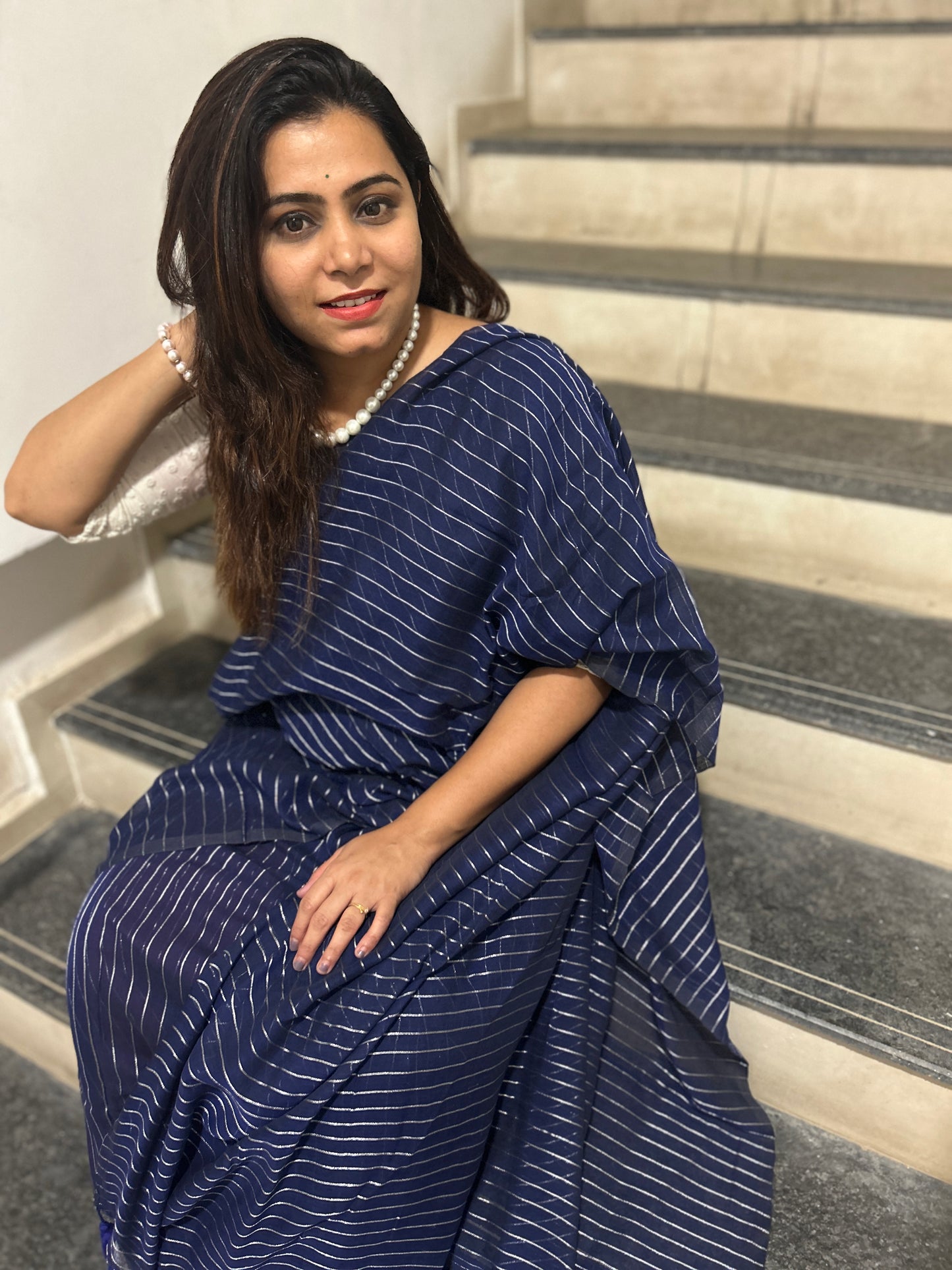 Silver Jari stripped Mulmul cotton saree