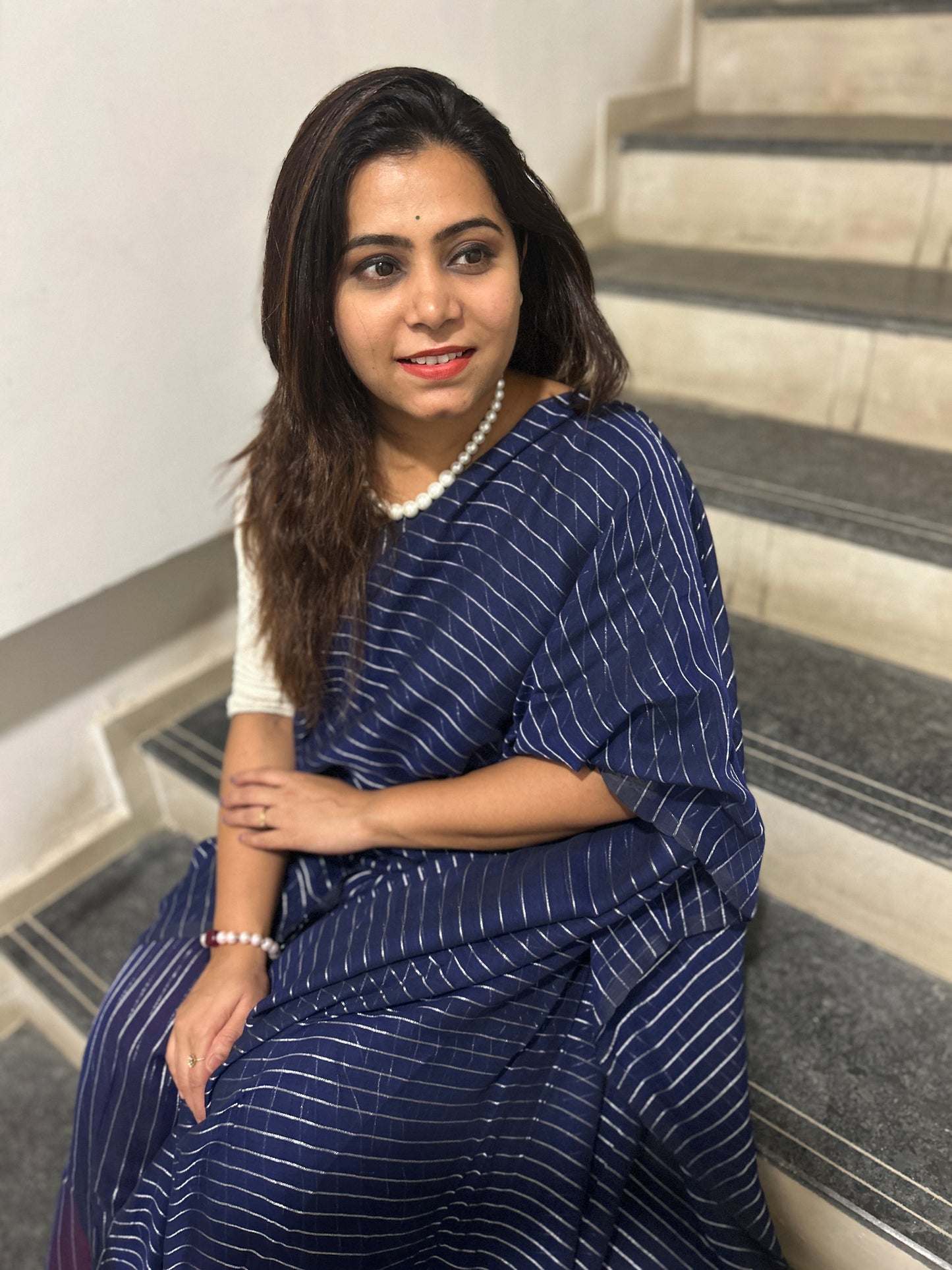 Silver Jari stripped Mulmul cotton saree