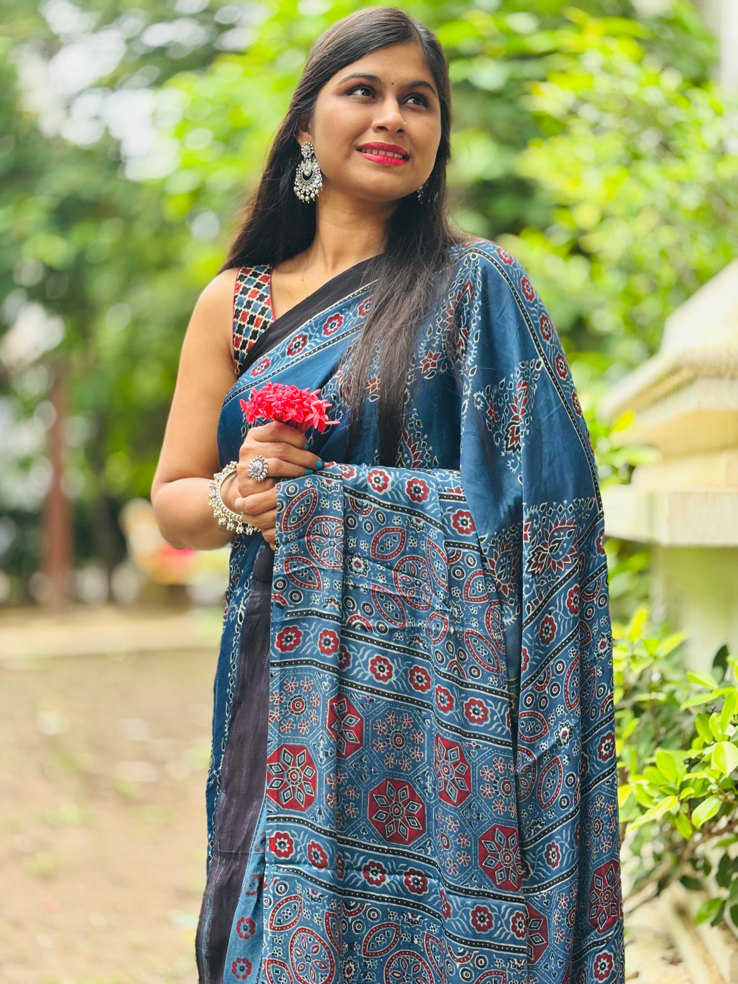 Handblock Print Ajrakh Modal Silk Saree
