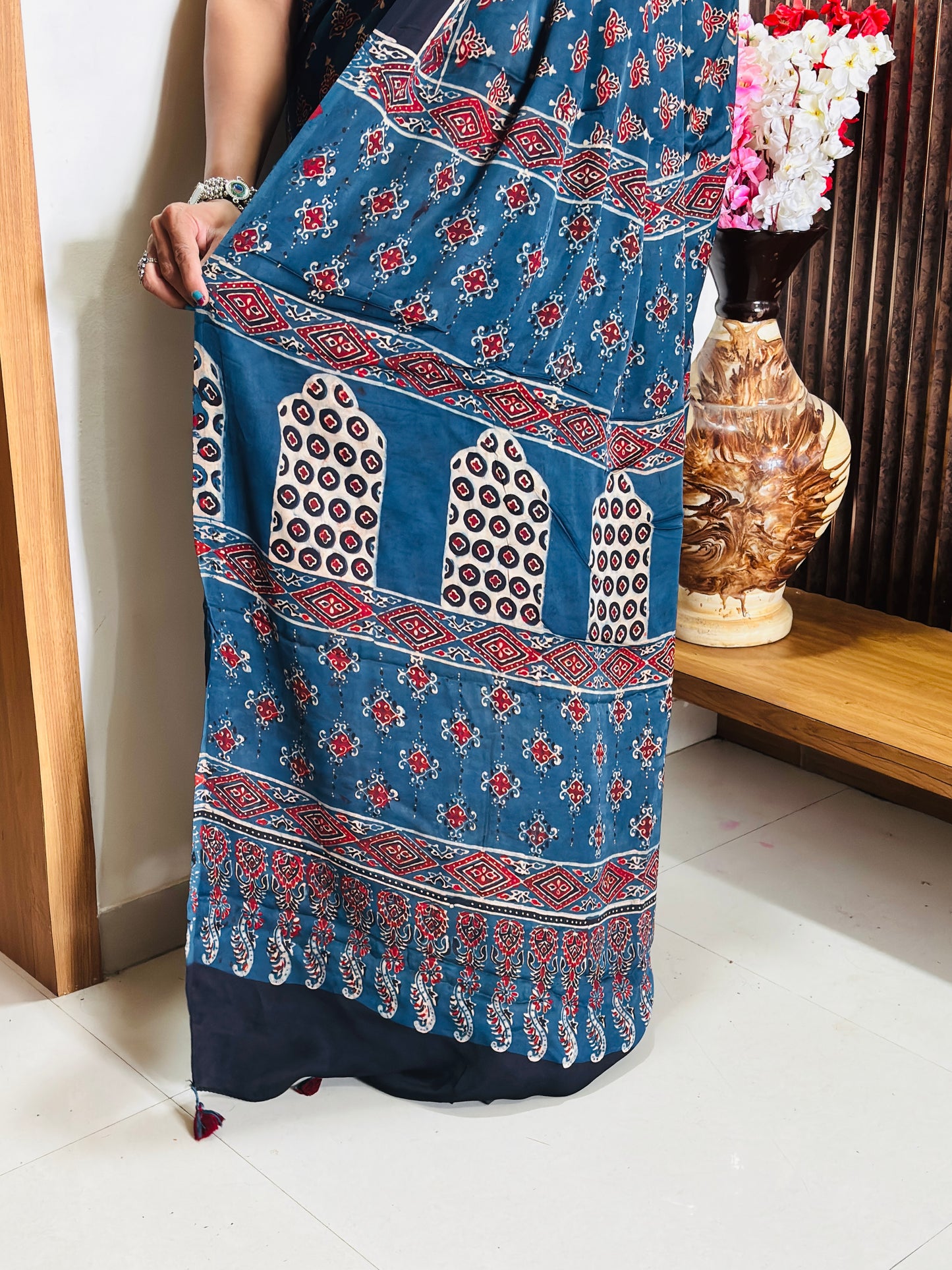 Handblock Print Ajrakh Modal Silk Saree