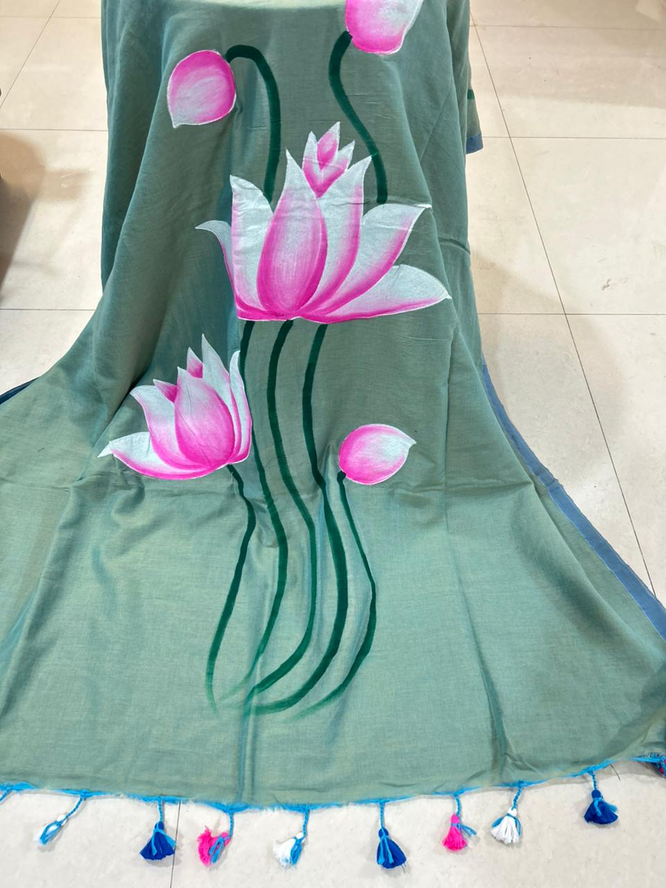 Khadi Lotus Hand painted saree
