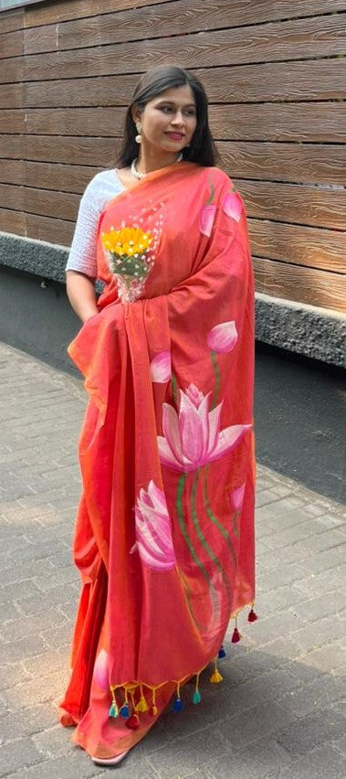 Khadi Lotus Hand painted saree